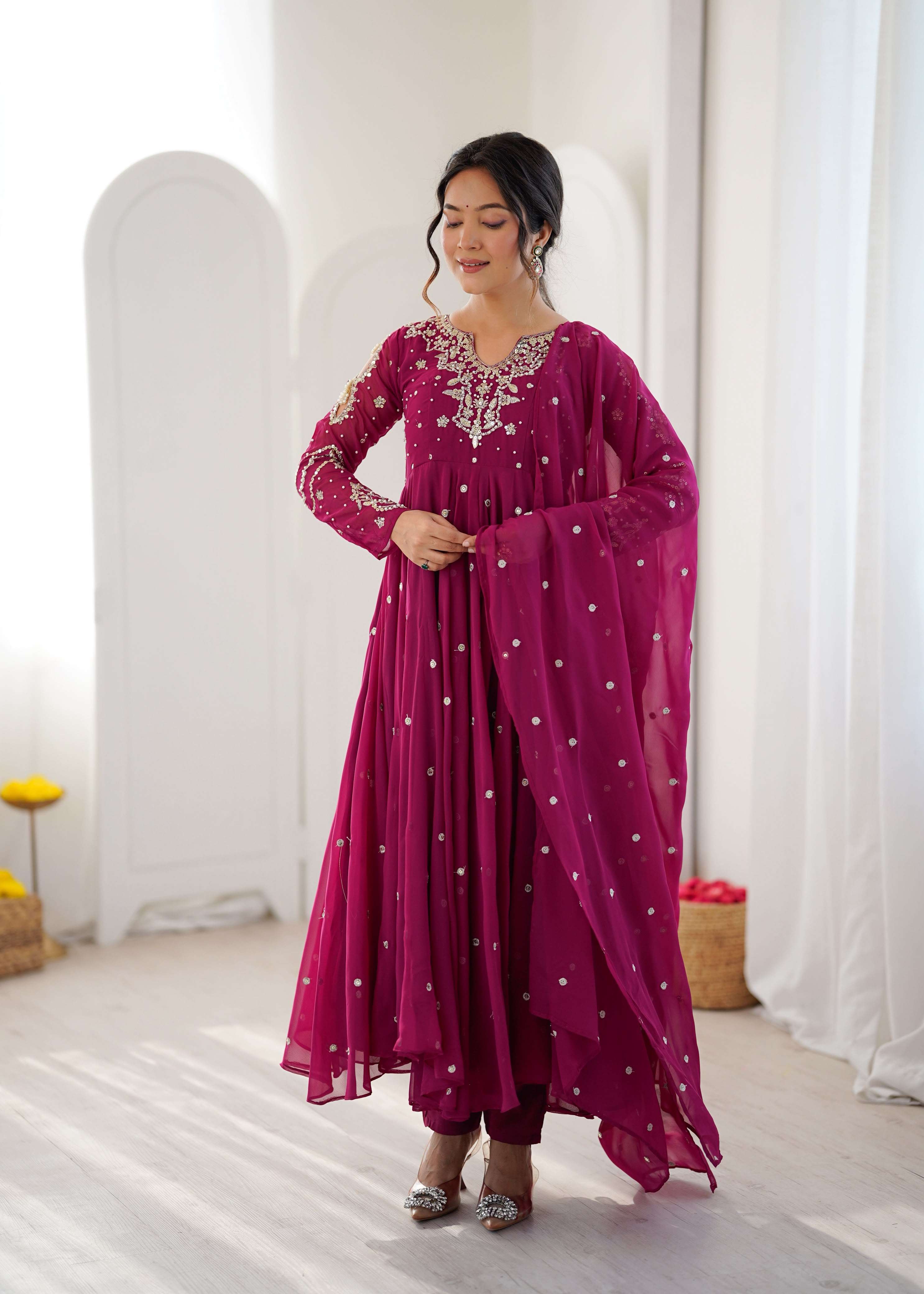 JF 056 FOX GEORGETTE EMBROIDERED DESIGNER WORK PARTY WEAR ANARKALI GOWN STYLE SUIT