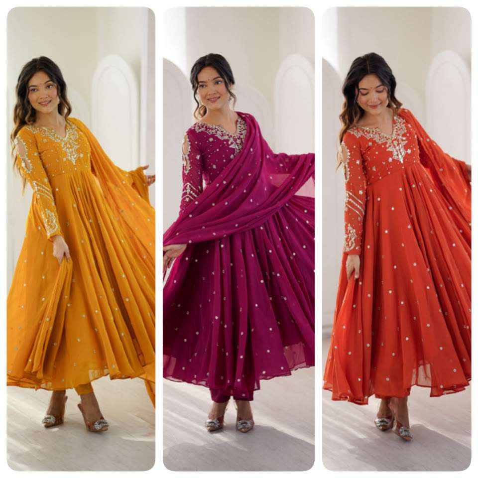 JF 056 FOX GEORGETTE EMBROIDERED DESIGNER WORK PARTY WEAR ANARKALI GOWN STYLE SUIT