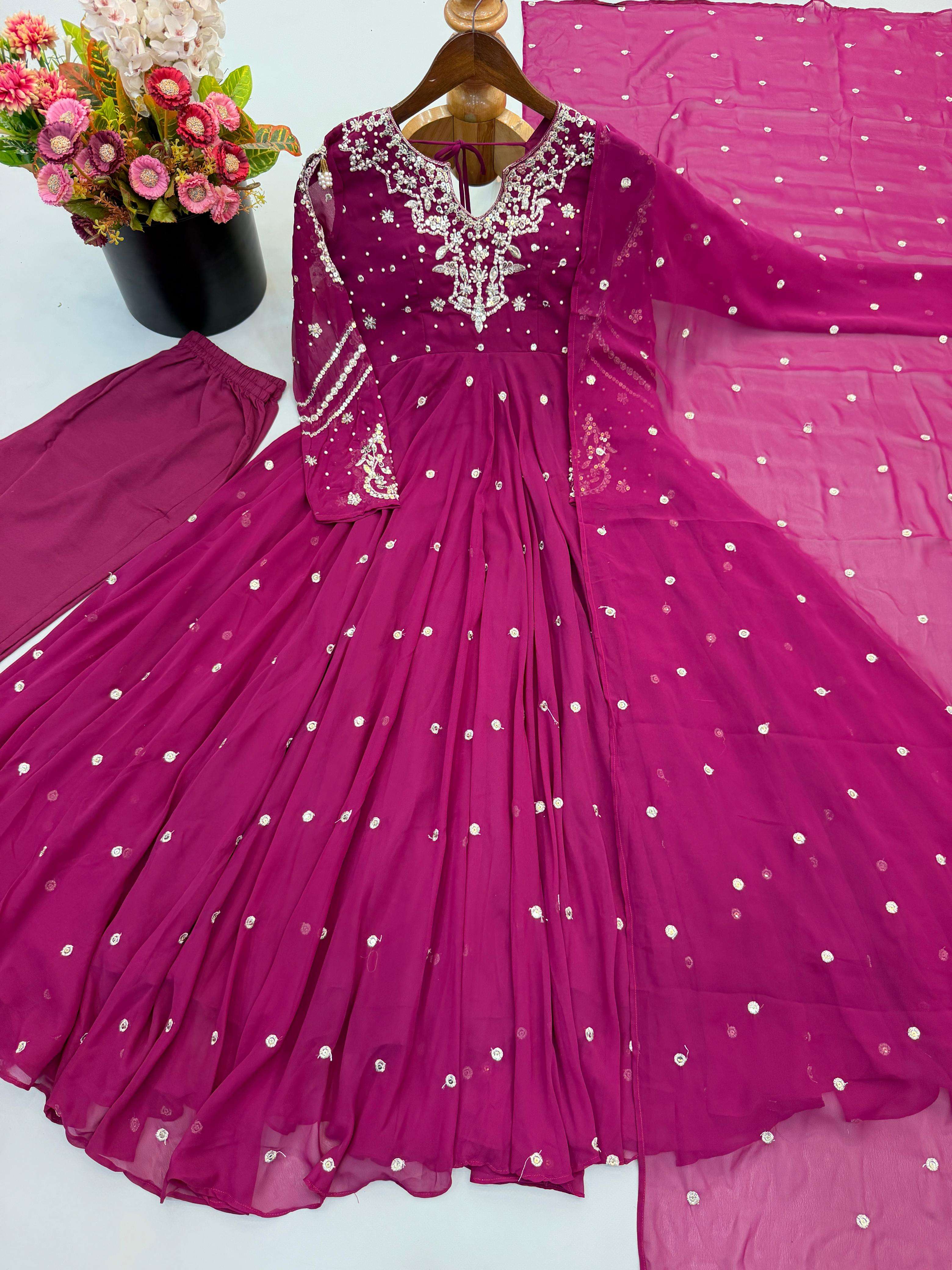 JF 056 FOX GEORGETTE EMBROIDERED DESIGNER WORK PARTY WEAR ANARKALI GOWN STYLE SUIT