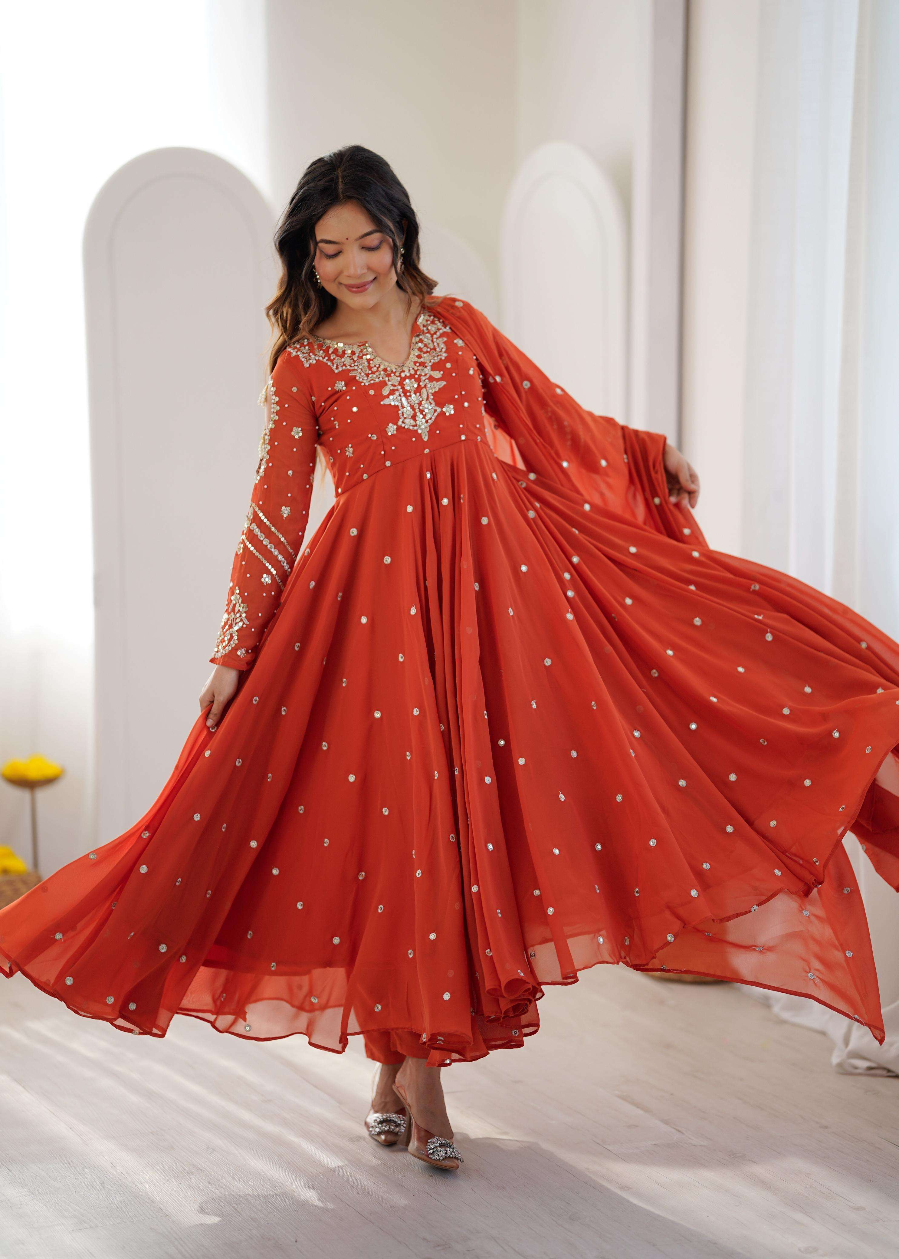 JF 056 FOX GEORGETTE EMBROIDERED DESIGNER WORK PARTY WEAR ANARKALI GOWN STYLE SUIT
