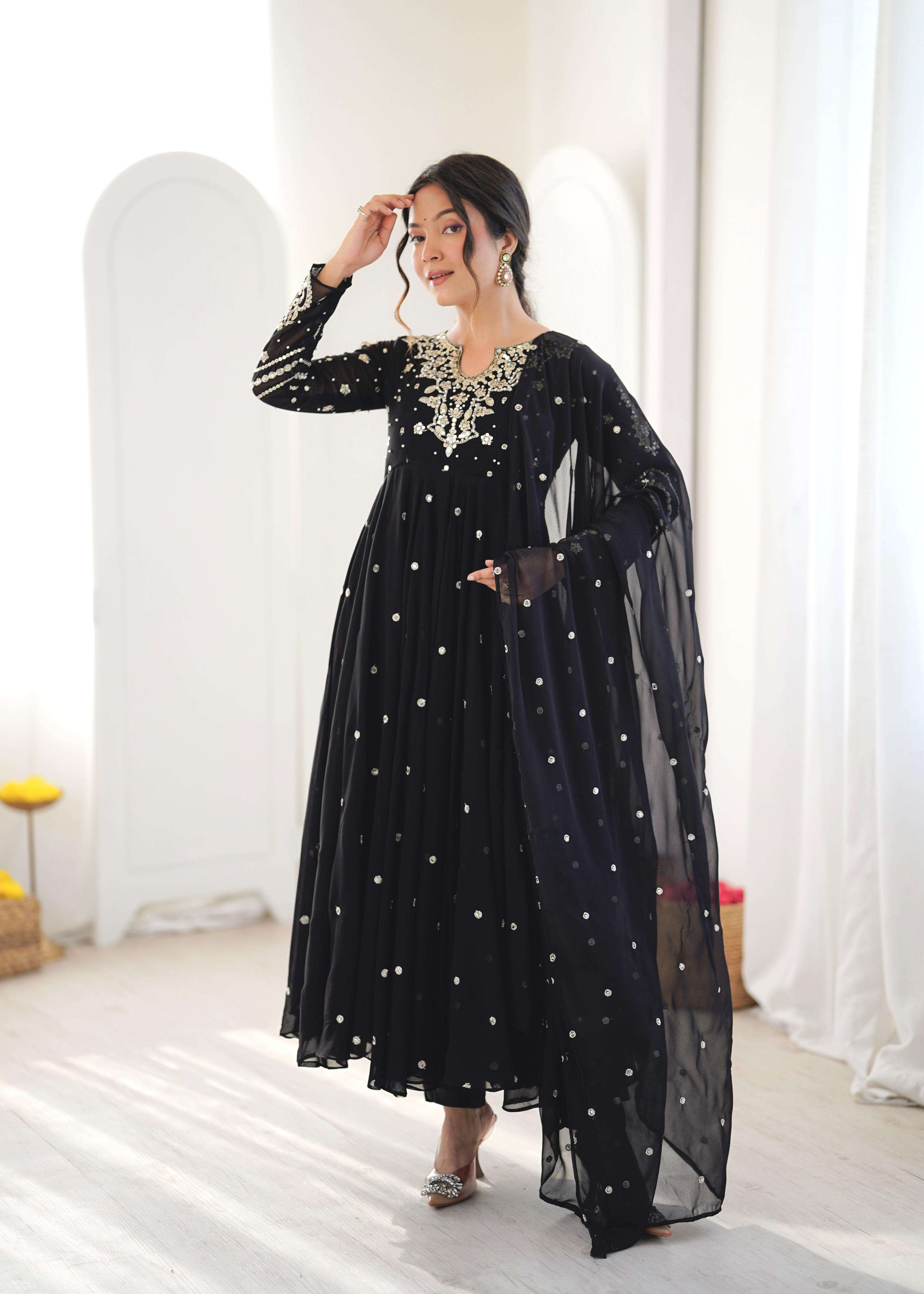 JF 056 FOX GEORGETTE EMBROIDERED DESIGNER WORK PARTY WEAR ANARKALI GOWN STYLE SUIT