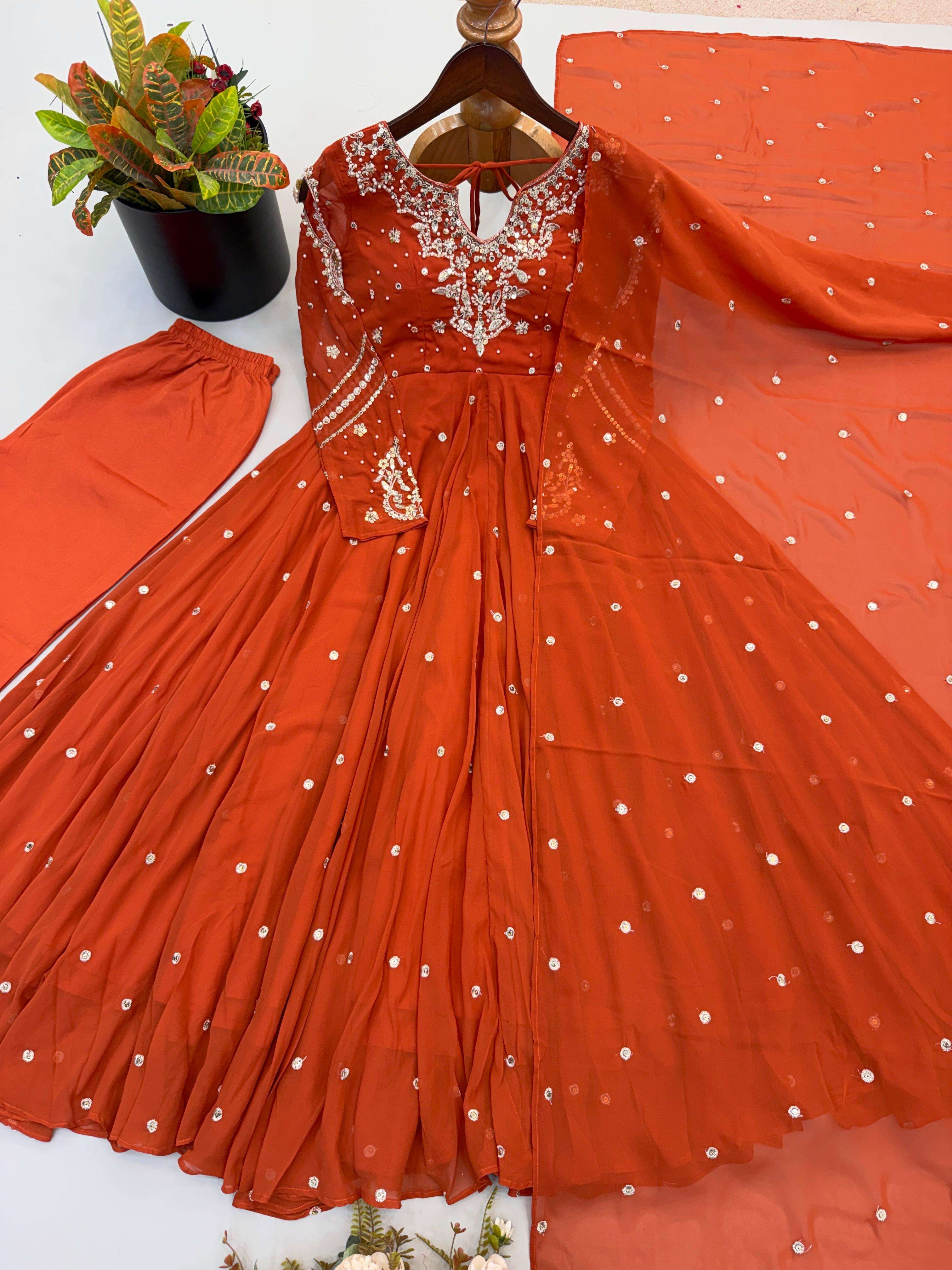 JF 056 FOX GEORGETTE EMBROIDERED DESIGNER WORK PARTY WEAR ANARKALI GOWN STYLE SUIT