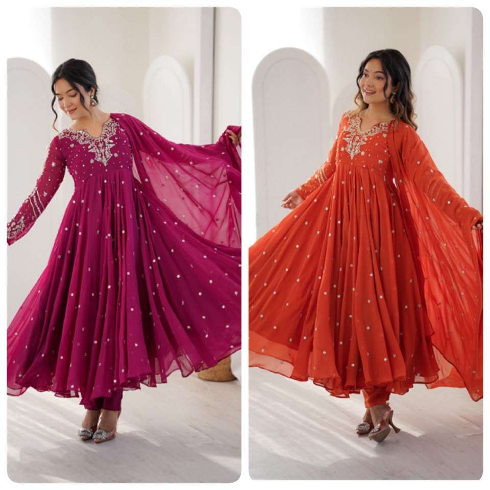 JF 056 FOX GEORGETTE EMBROIDERED DESIGNER WORK PARTY WEAR ANARKALI GOWN STYLE SUIT