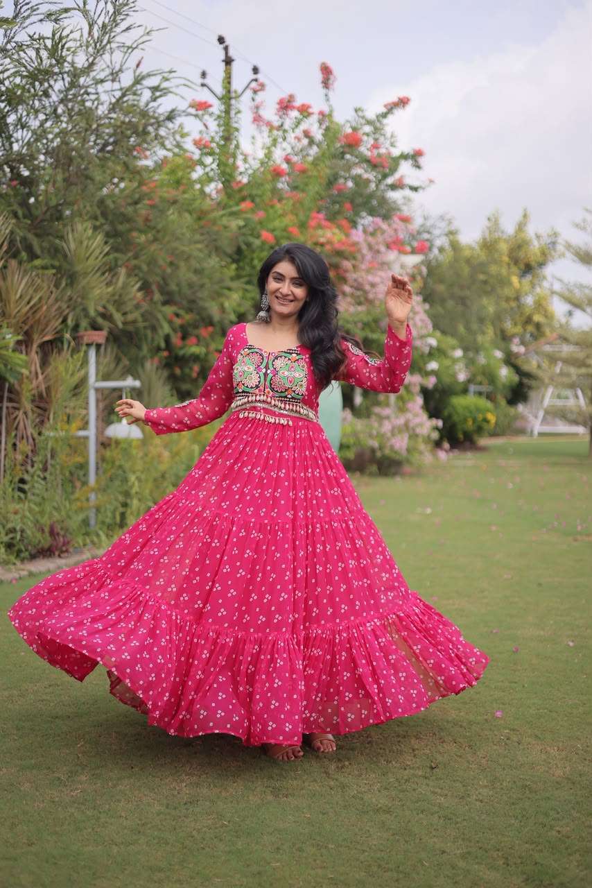 KA 1268 BANDHANI PRINT GEORGETTE DESIGNER WORK NAVRATRI WEAR LONG GOWN DRESS