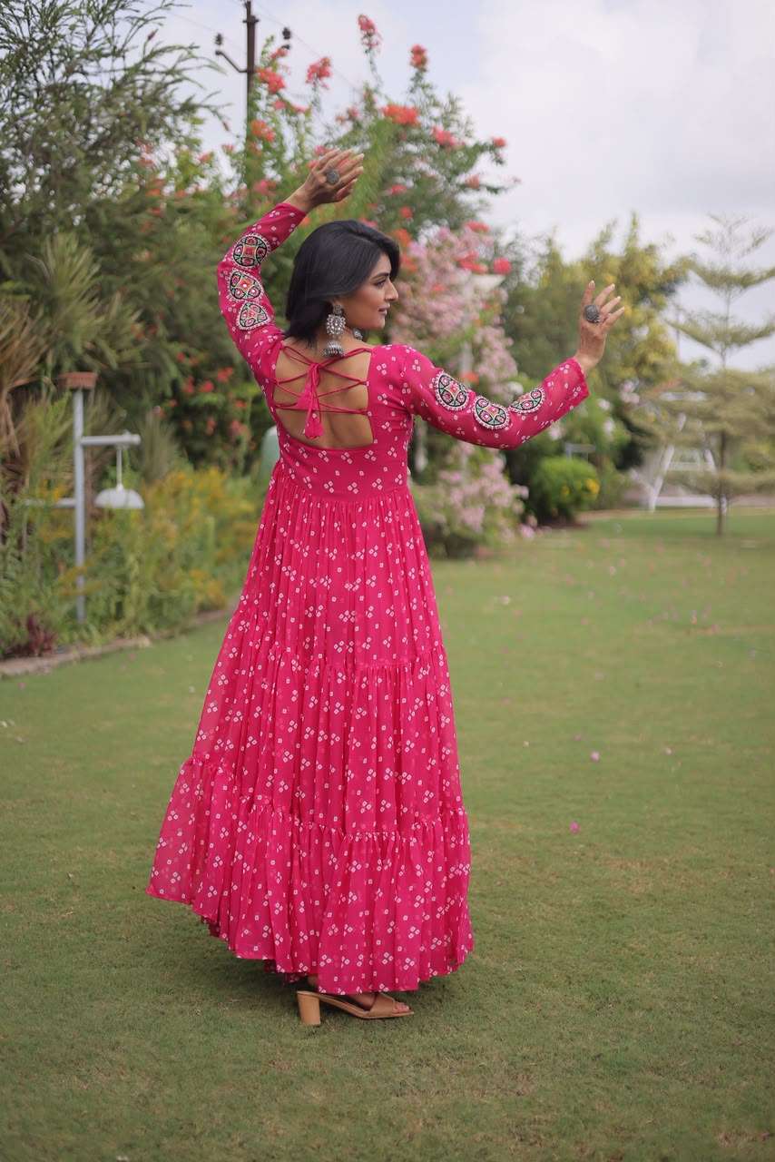 KA 1268 BANDHANI PRINT GEORGETTE DESIGNER WORK NAVRATRI WEAR LONG GOWN DRESS