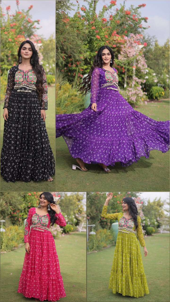 KA 1268 BANDHANI PRINT GEORGETTE DESIGNER WORK NAVRATRI WEAR LONG GOWN DRESS