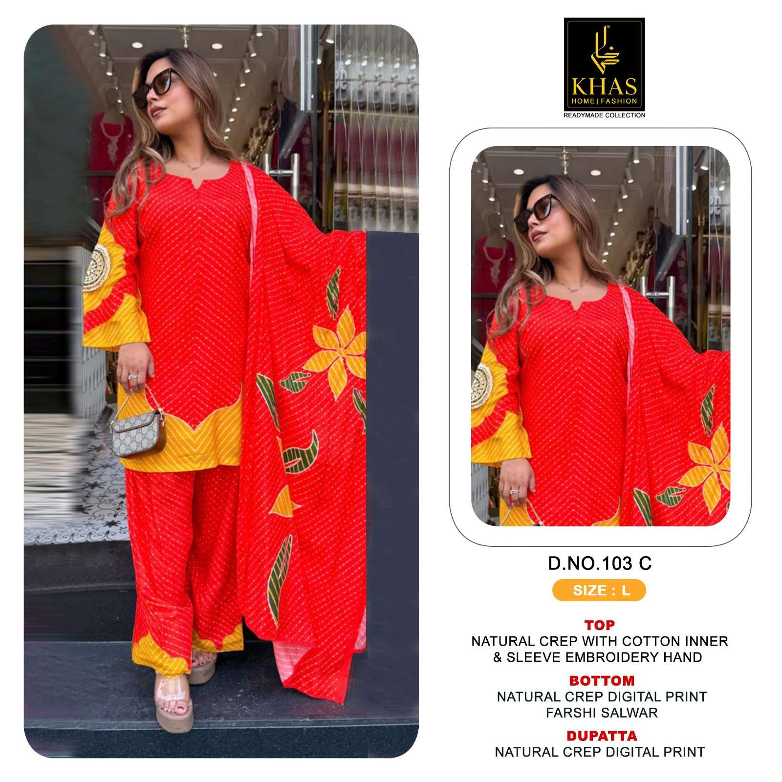 KHAS FASHION D NO 103 CREPE DIGITAL PRINT WITH DESIGNER WORK SUIT