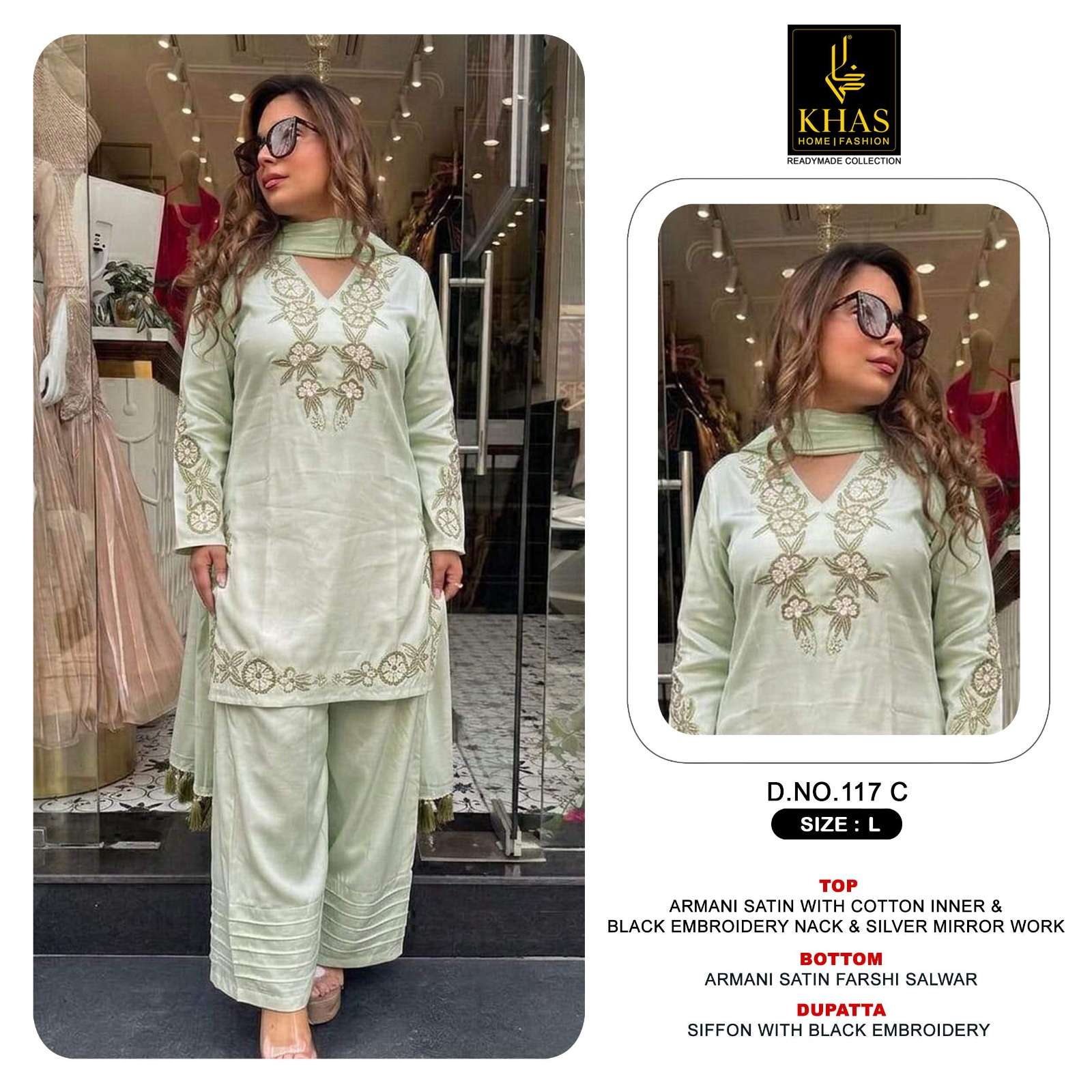 KHAS FASHION D NO 117 SATIN BEAUTIFUL EMBROIDERY DESIGNER WORK READY MADE PAKISTANI SUIT