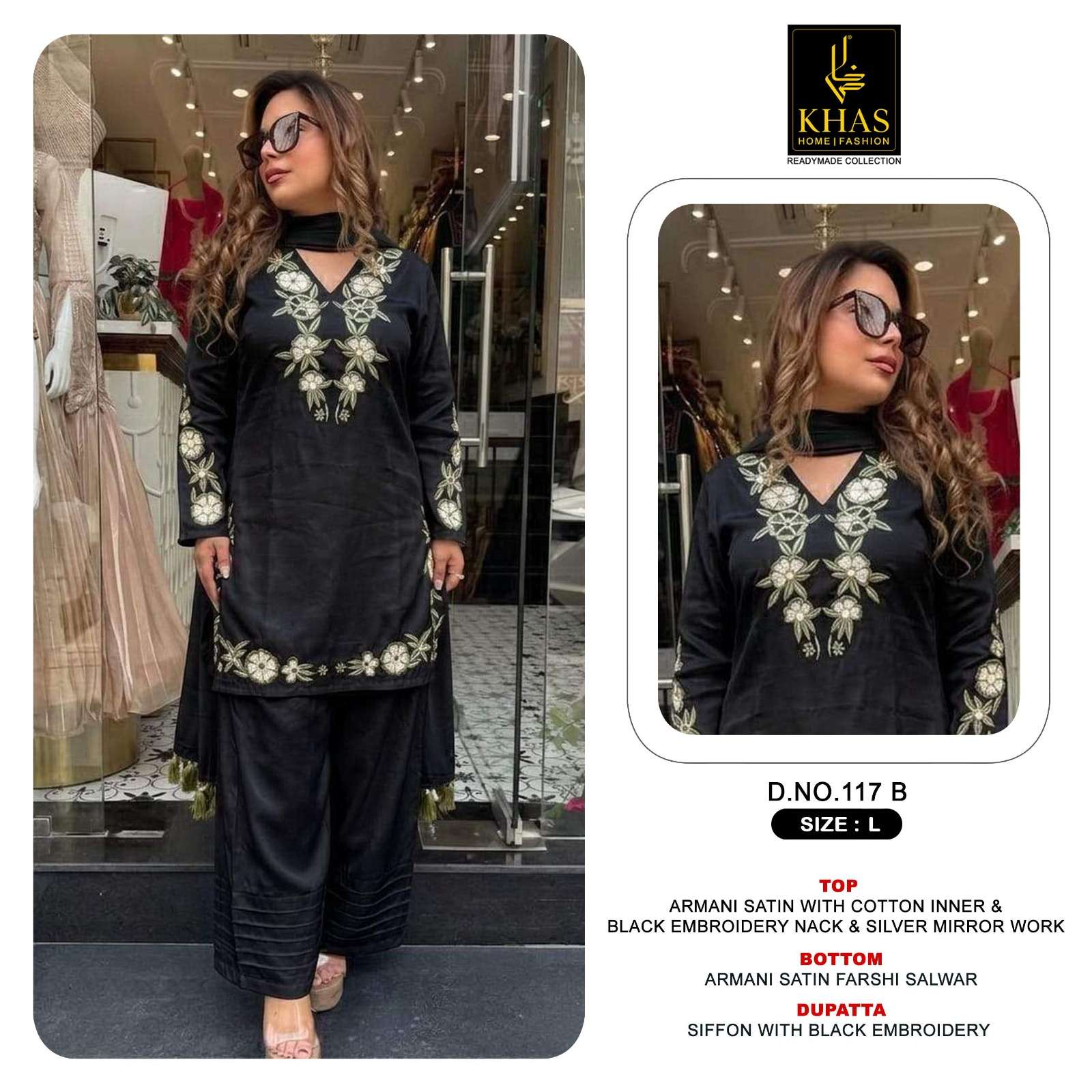 KHAS FASHION D NO 117 SATIN BEAUTIFUL EMBROIDERY DESIGNER WORK READY MADE PAKISTANI SUIT