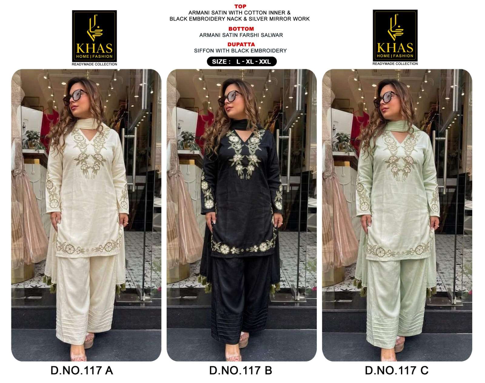 KHAS FASHION D NO 117 SATIN BEAUTIFUL EMBROIDERY DESIGNER WORK READY MADE PAKISTANI SUIT