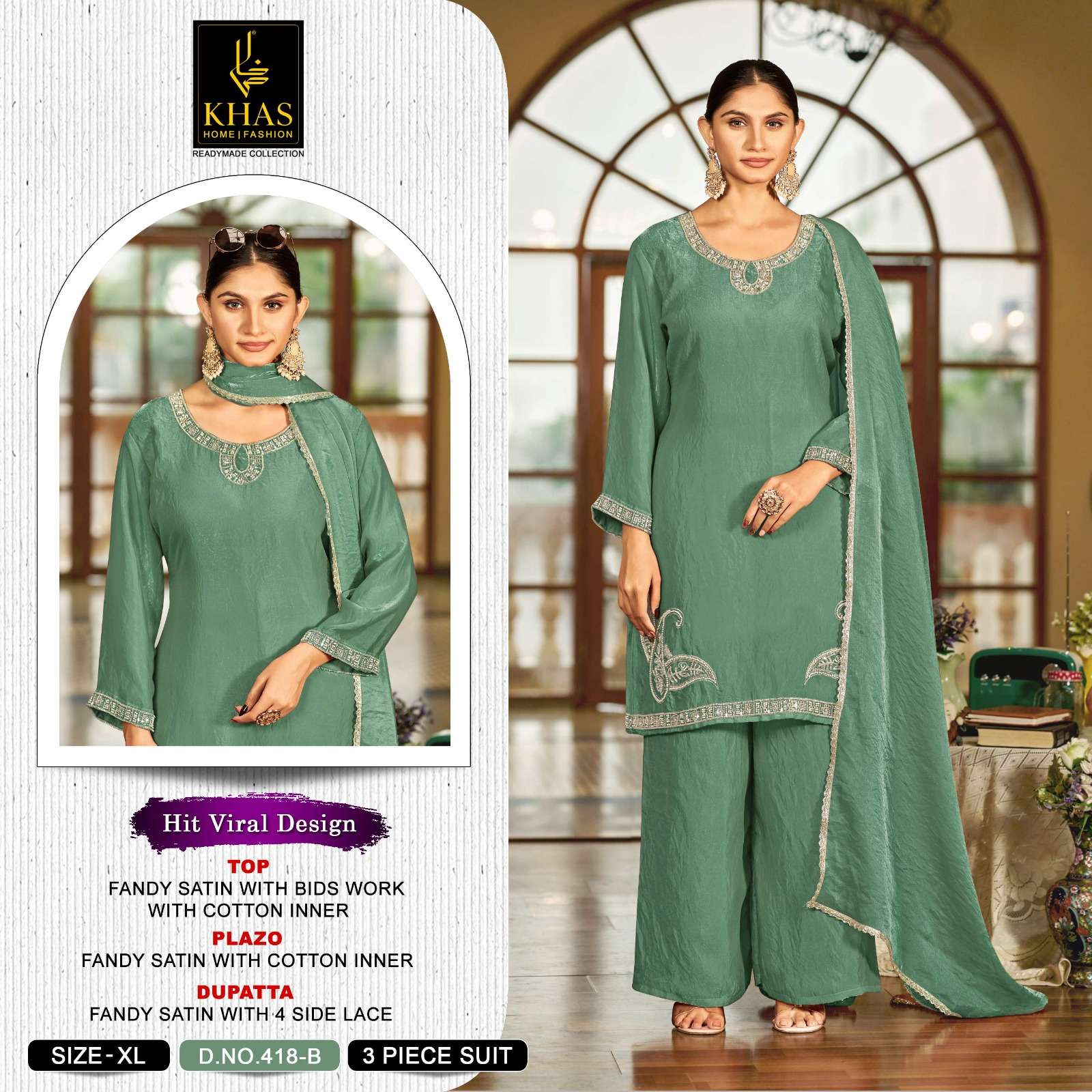 KHAS FASHION D NO 418 SATIN BEAUTIFUL DESIGNER WORK READY MADE SUIT