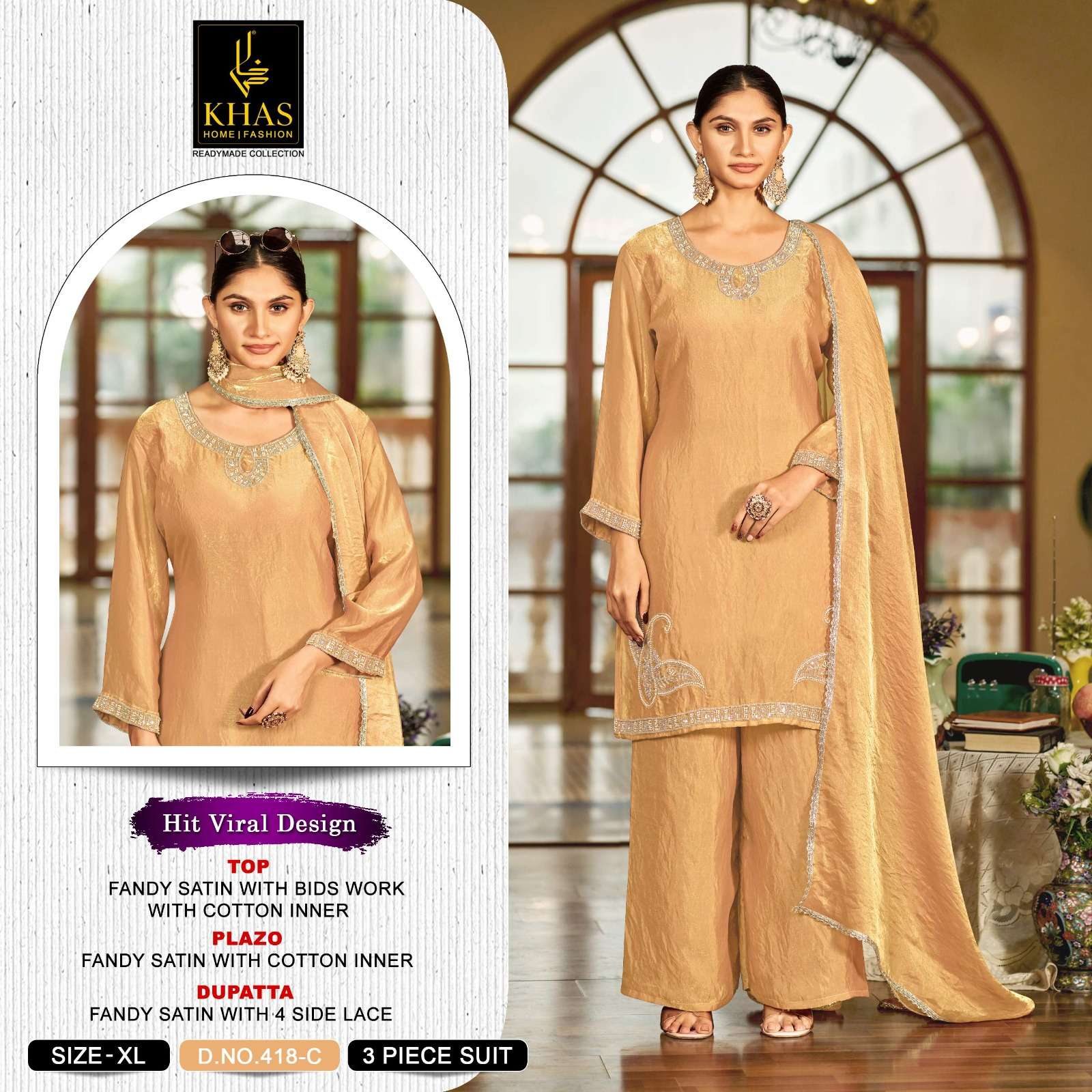 KHAS FASHION D NO 418 SATIN BEAUTIFUL DESIGNER WORK READY MADE SUIT