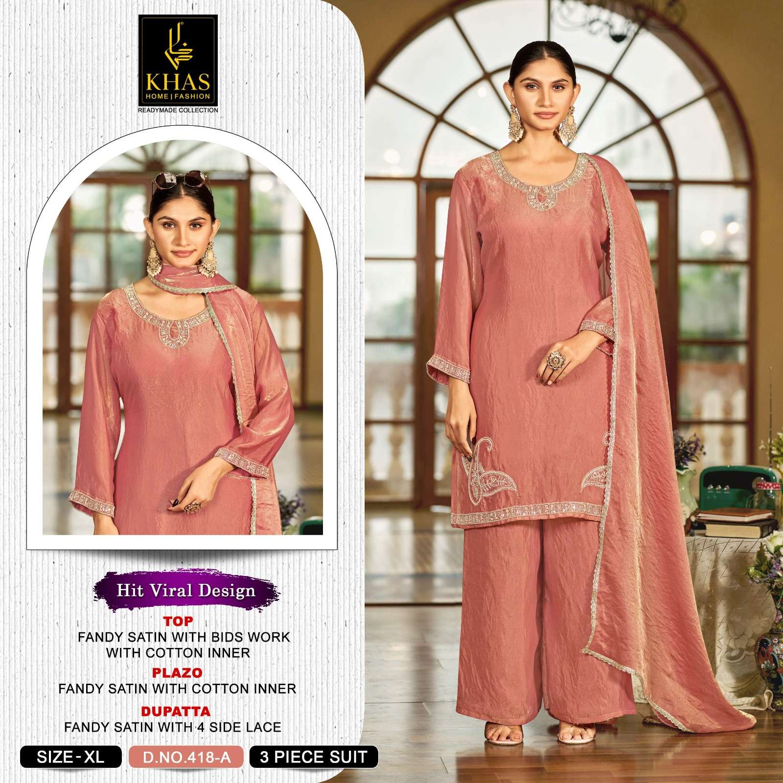 KHAS FASHION D NO 418 SATIN BEAUTIFUL DESIGNER WORK READY MADE SUIT