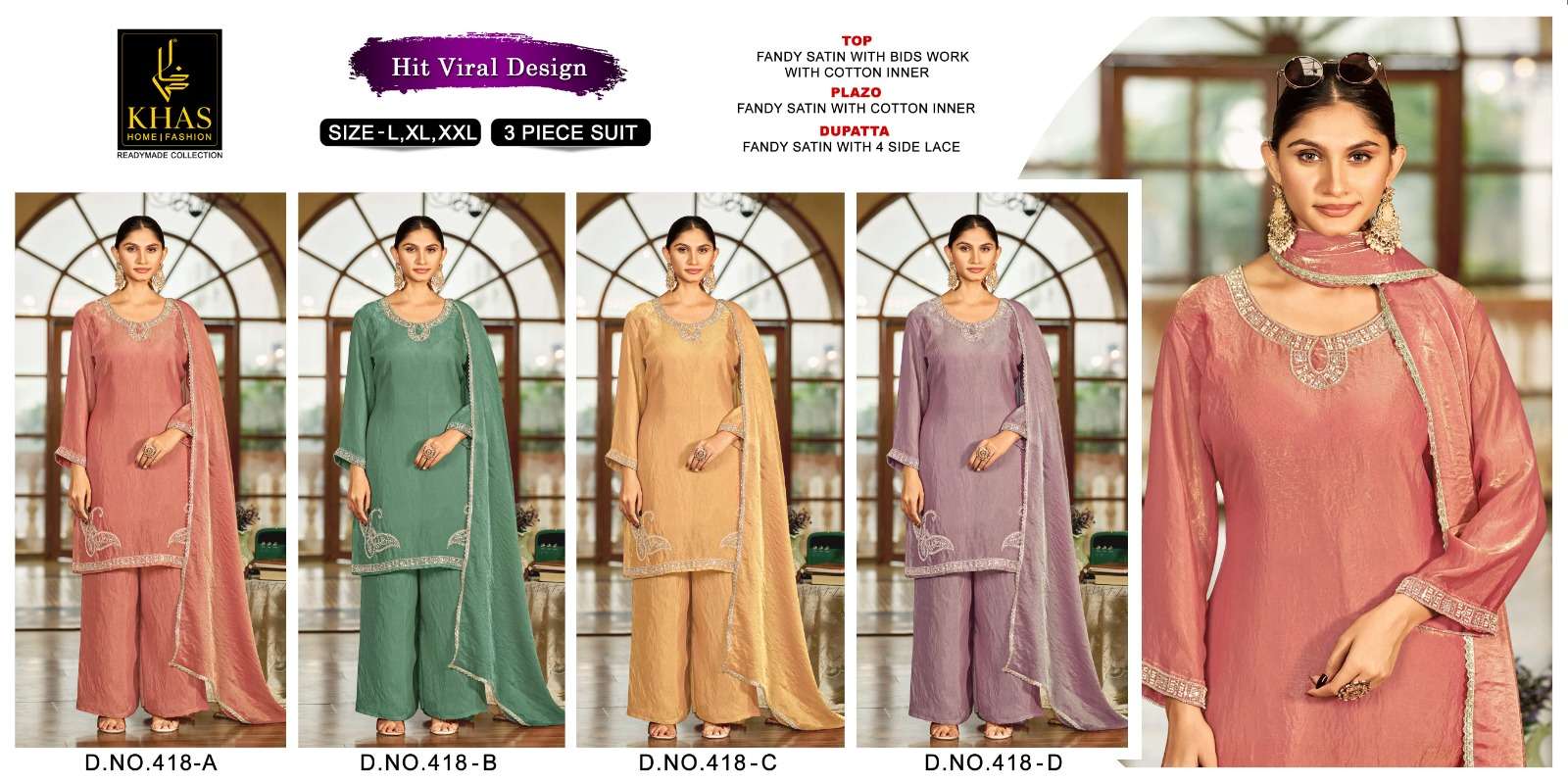 KHAS FASHION D NO 418 SATIN BEAUTIFUL DESIGNER WORK READY MADE SUIT