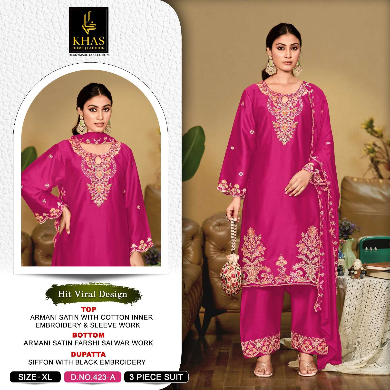 KHAS FASHION D NO 423 SATIN EMBROIDERY DESIGNER WORK SUIT