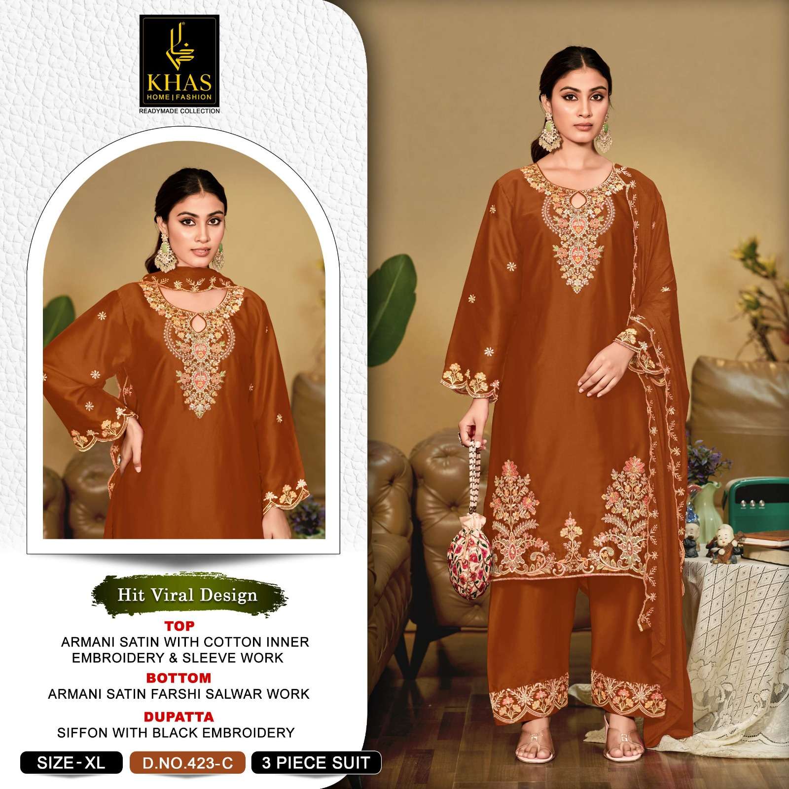KHAS FASHION D NO 423 SATIN EMBROIDERY DESIGNER WORK SUIT