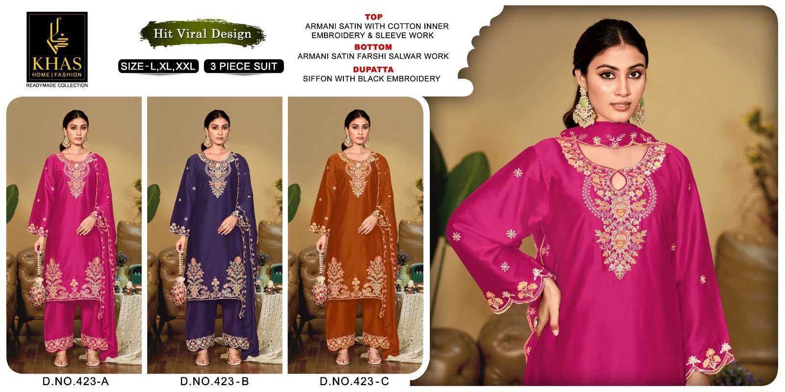 KHAS FASHION D NO 423 SATIN EMBROIDERY DESIGNER WORK SUIT