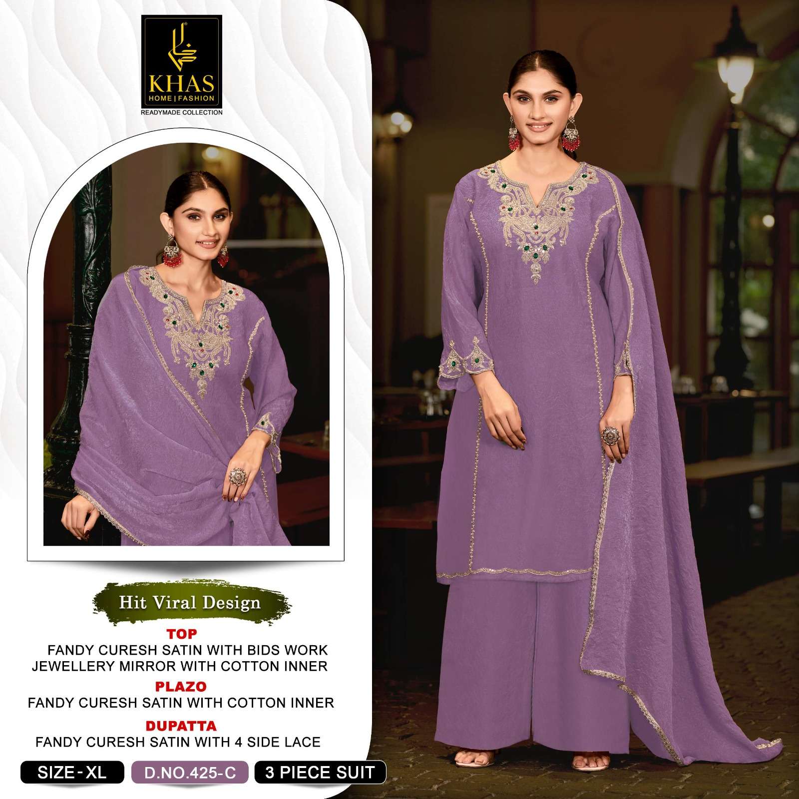 KHAS FASHION D NO 425 SATIN EMBROIDERED DESIGNER WORK READY MADE SUIT