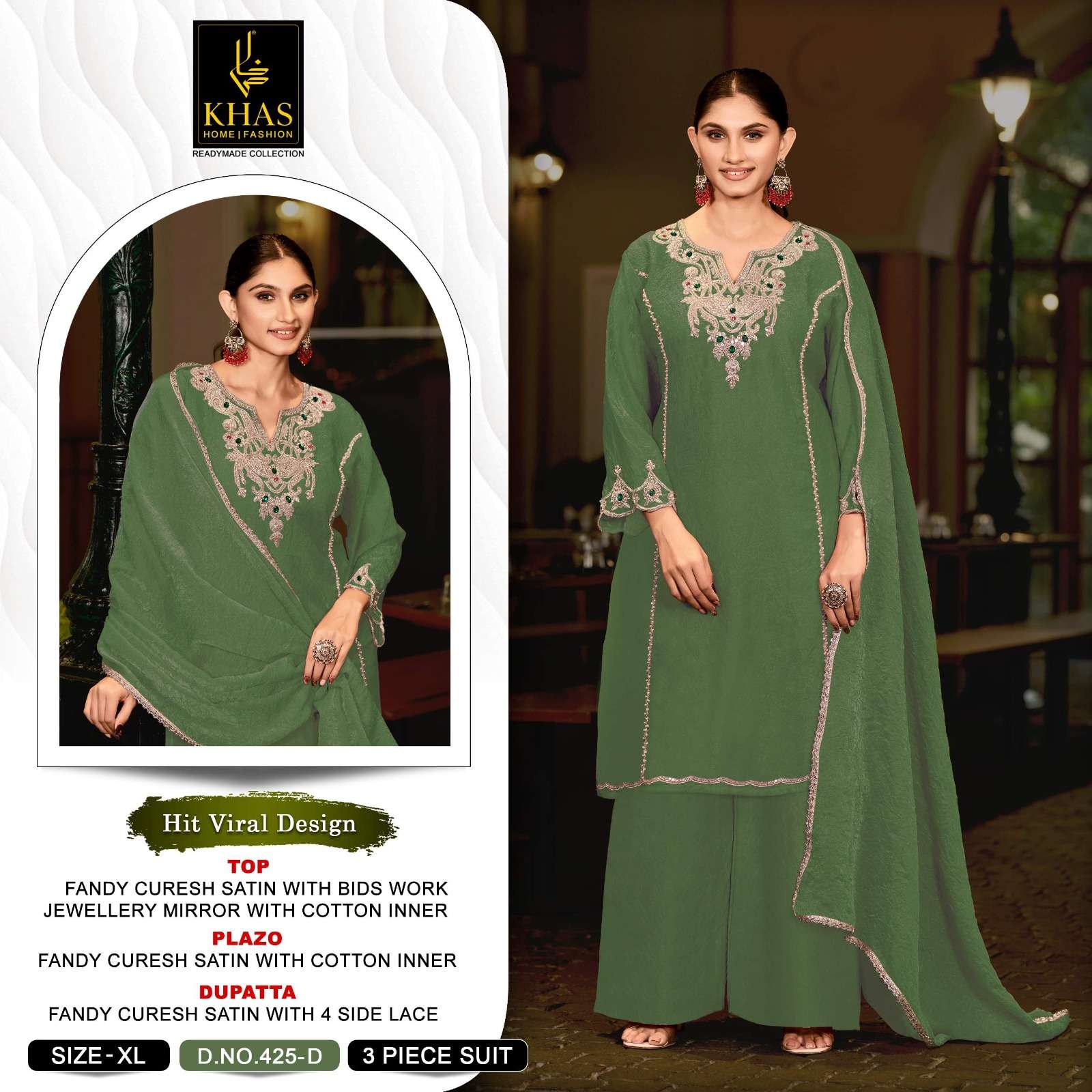 KHAS FASHION D NO 425 SATIN EMBROIDERED DESIGNER WORK READY MADE SUIT