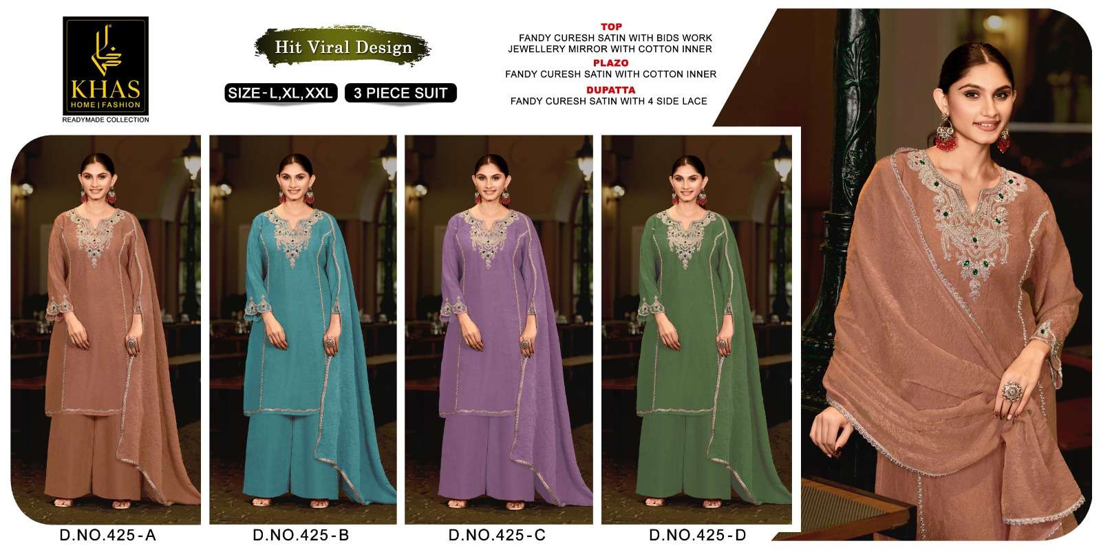 KHAS FASHION D NO 425 SATIN EMBROIDERED DESIGNER WORK READY MADE SUIT