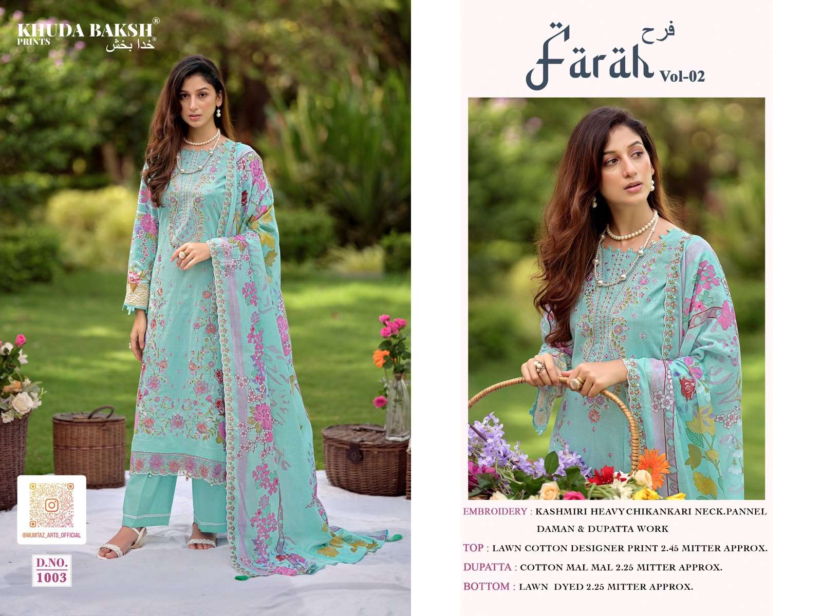 KHUDHA BAKSH PRINTS FARAH VOL 2  LAWN COTTON DIGITAL PRINT WITH FANCY KASHMIRI WORK SUIT