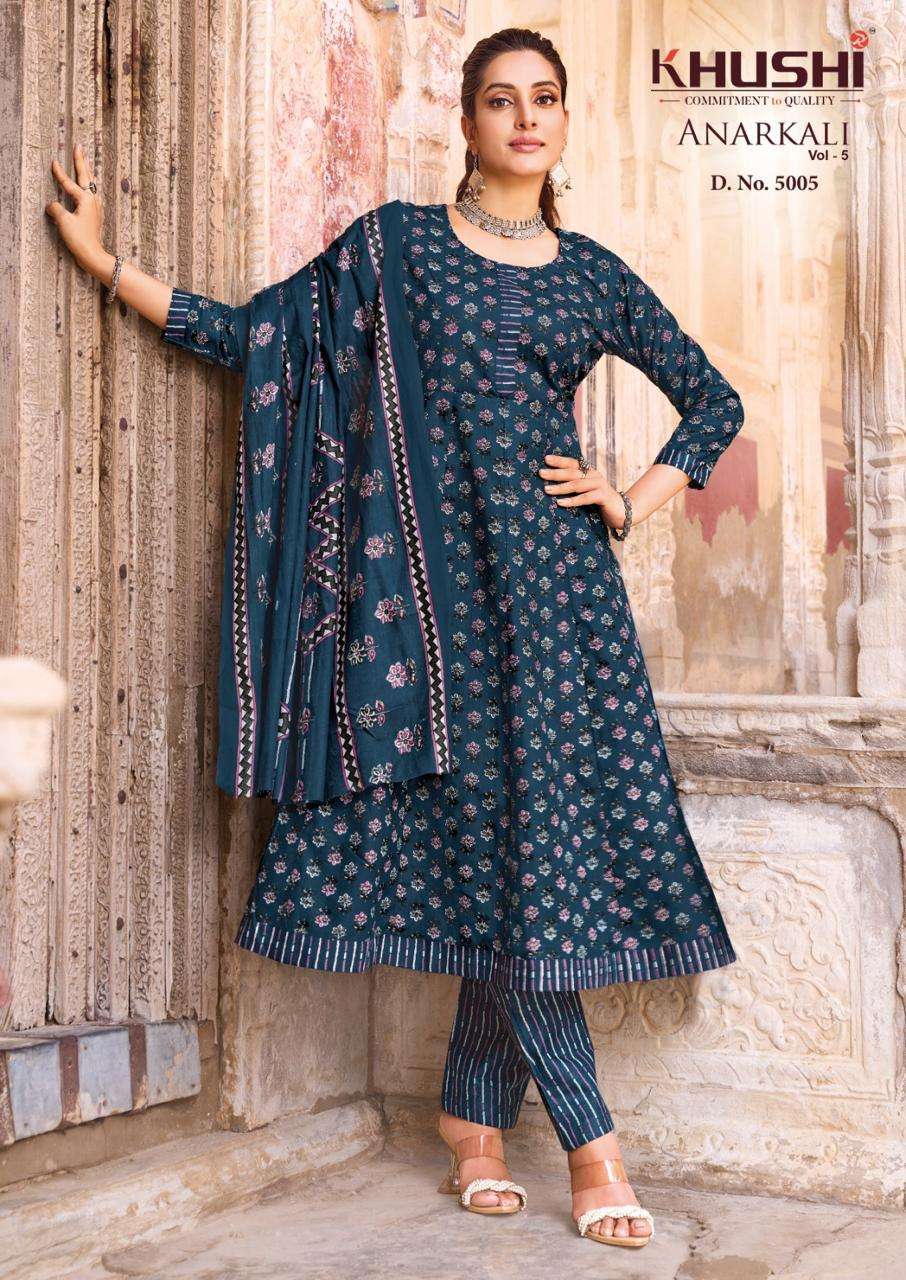 KHUSHI ANARKALI VOL 5 COTTON PRINTED LADIES KURTI PANT WITH DUPATTA SET 