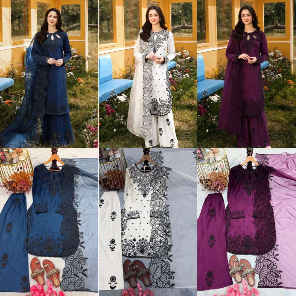  LADY LOOK 041 SATIN EMBROIDERY DESIGNER WORK PARTY WEAR TOP PLAZZO WITH DUPATTA SET 