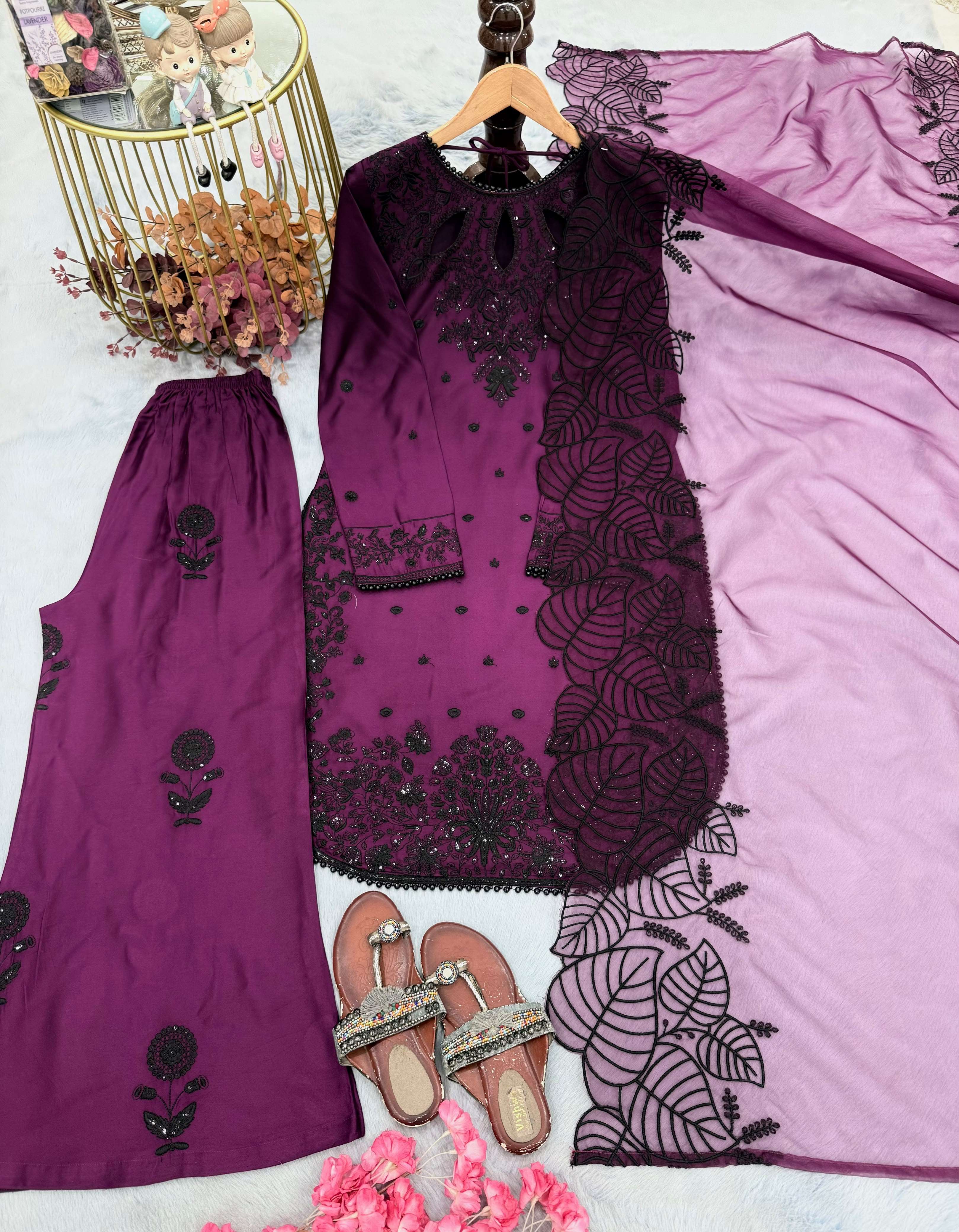  LADY LOOK 041 SATIN EMBROIDERY DESIGNER WORK PARTY WEAR TOP PLAZZO WITH DUPATTA SET 