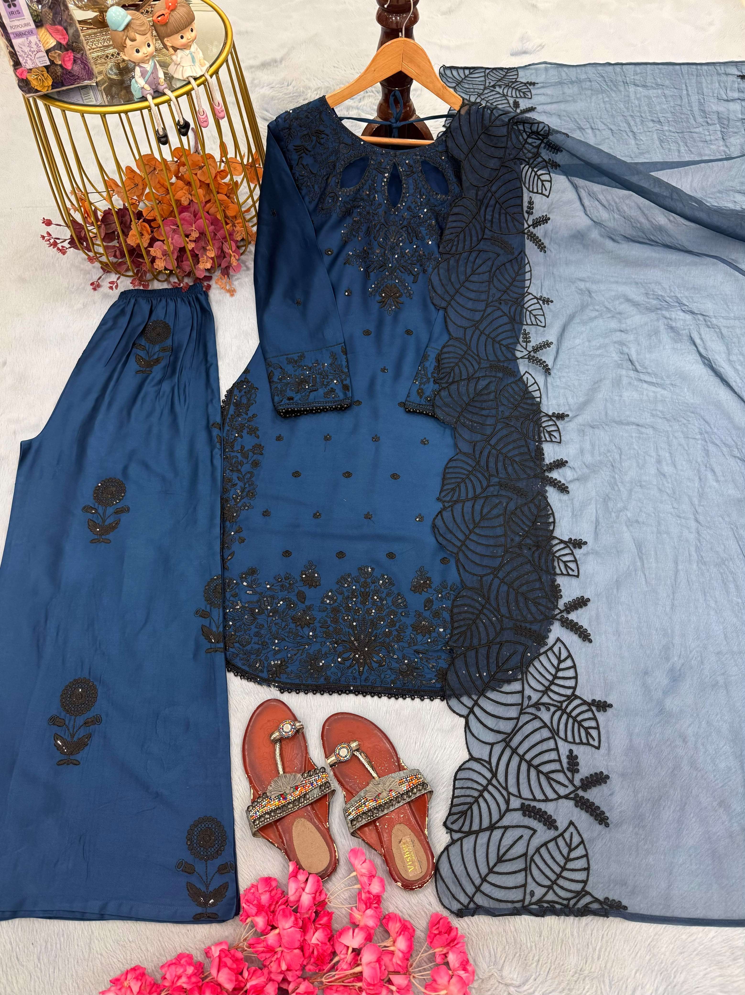  LADY LOOK 041 SATIN EMBROIDERY DESIGNER WORK PARTY WEAR TOP PLAZZO WITH DUPATTA SET 