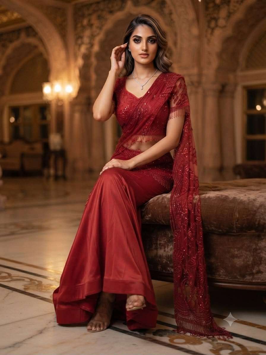 LG 2127 BEAUTIFUL SEQUENCE EMBROIDERED WORKED READY TO WEAR SAREE WITH STITCHED BLOUSE PIECE 