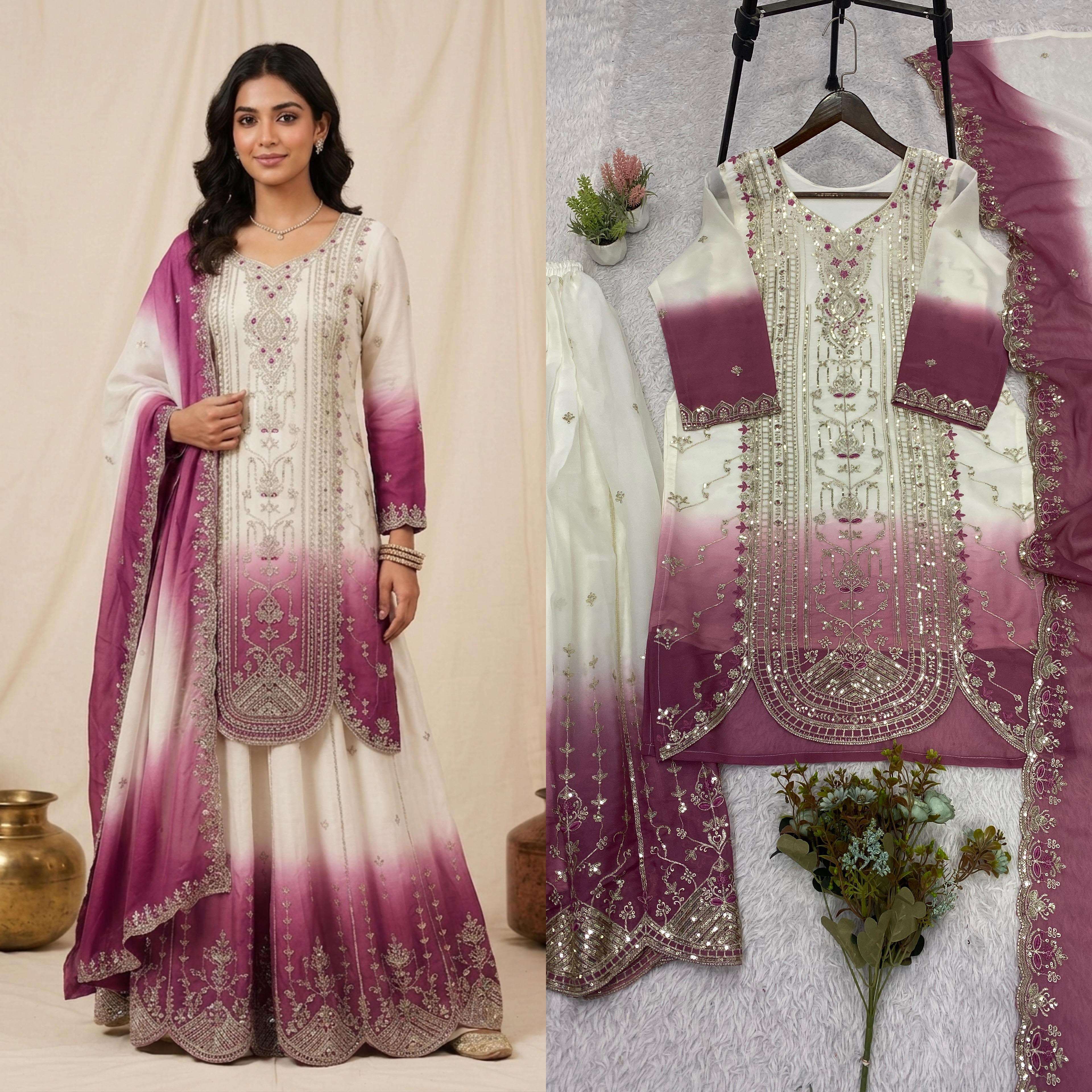 LG 2128 SHADED GEORGETTE FABRIC BEAUTIFUL EMBROIDERED TOP PLAZZO WITH DUPATTA  SET