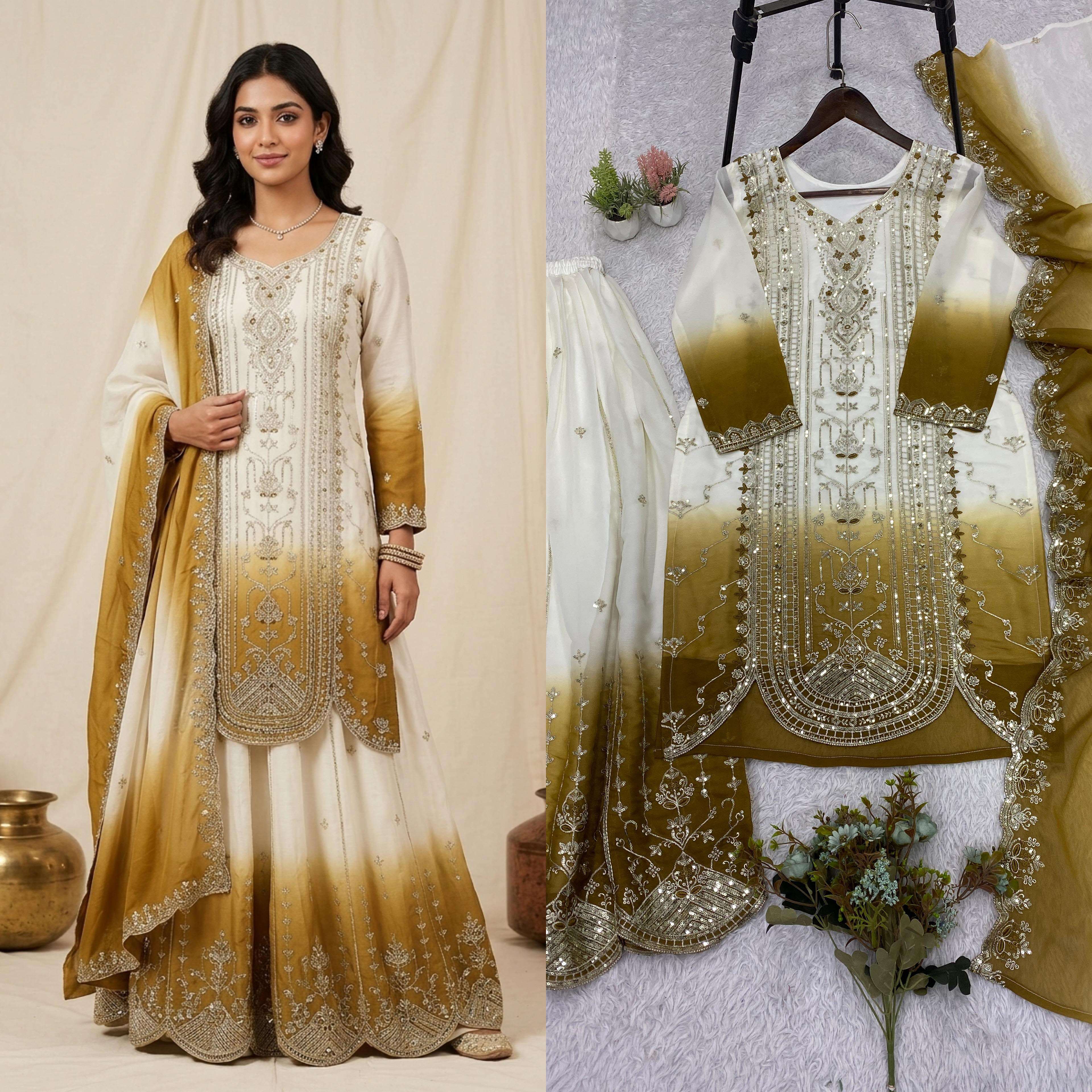 LG 2128 SHADED GEORGETTE FABRIC BEAUTIFUL EMBROIDERED TOP PLAZZO WITH DUPATTA  SET