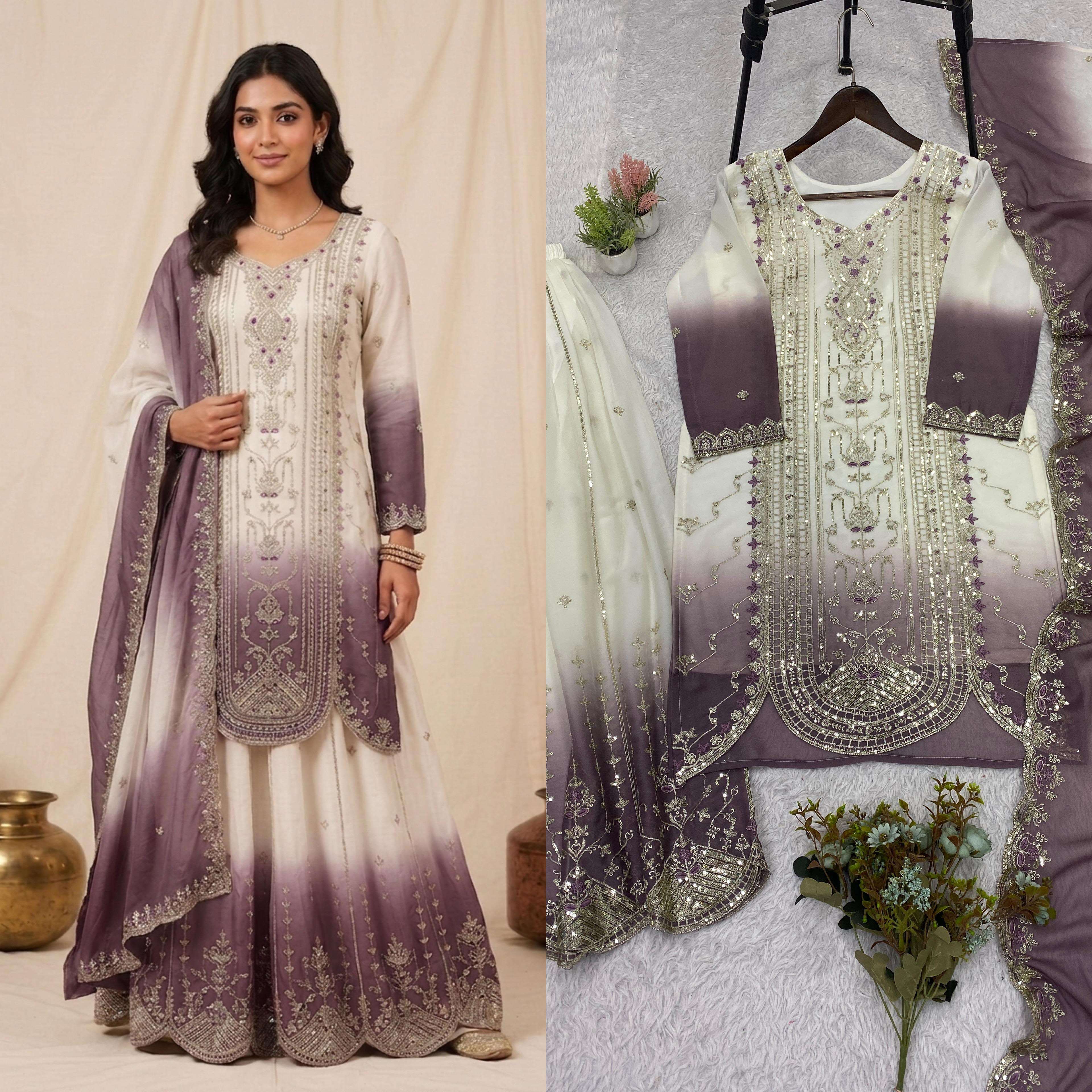 LG 2128 SHADED GEORGETTE FABRIC BEAUTIFUL EMBROIDERED TOP PLAZZO WITH DUPATTA  SET