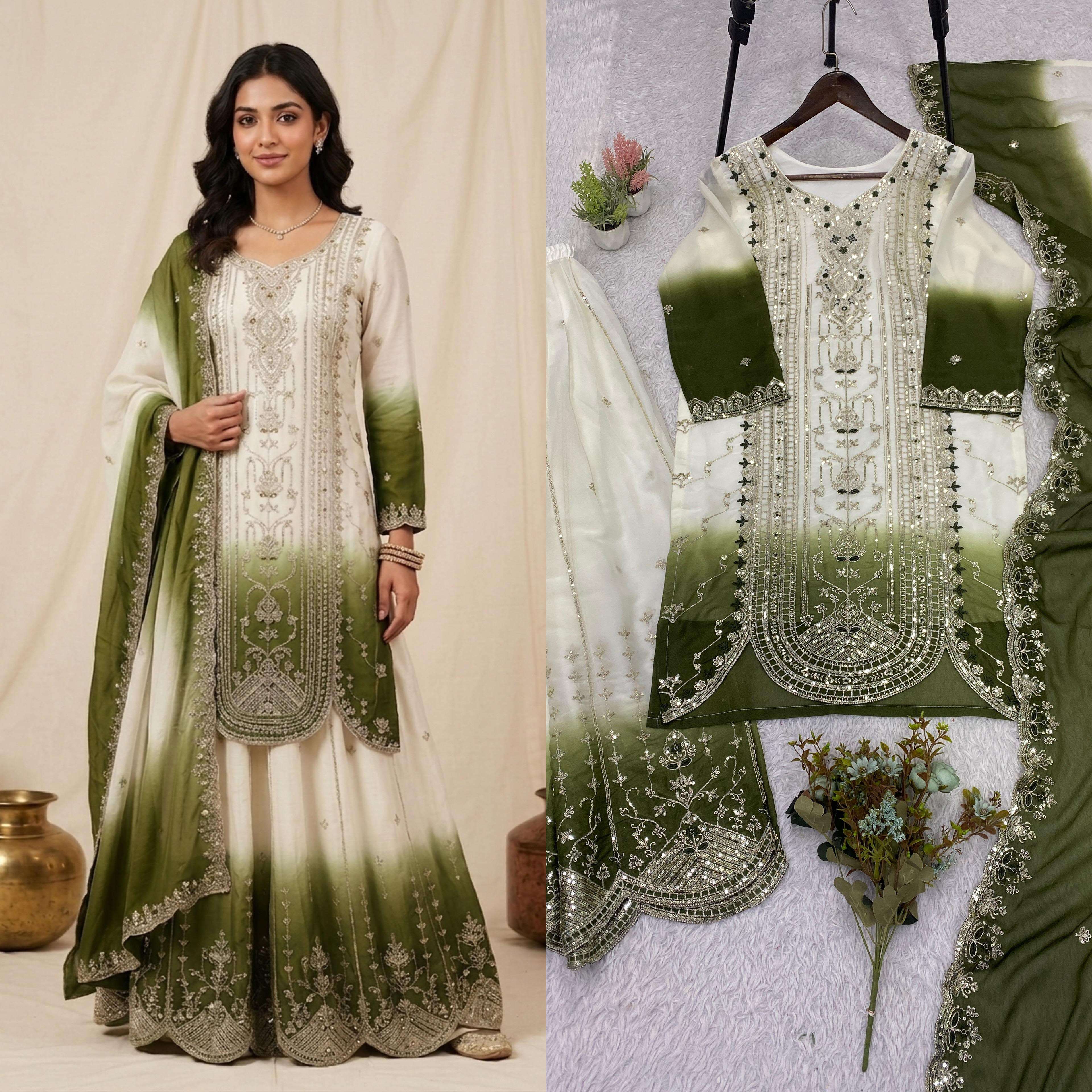 LG 2128 SHADED GEORGETTE FABRIC BEAUTIFUL EMBROIDERED TOP PLAZZO WITH DUPATTA  SET