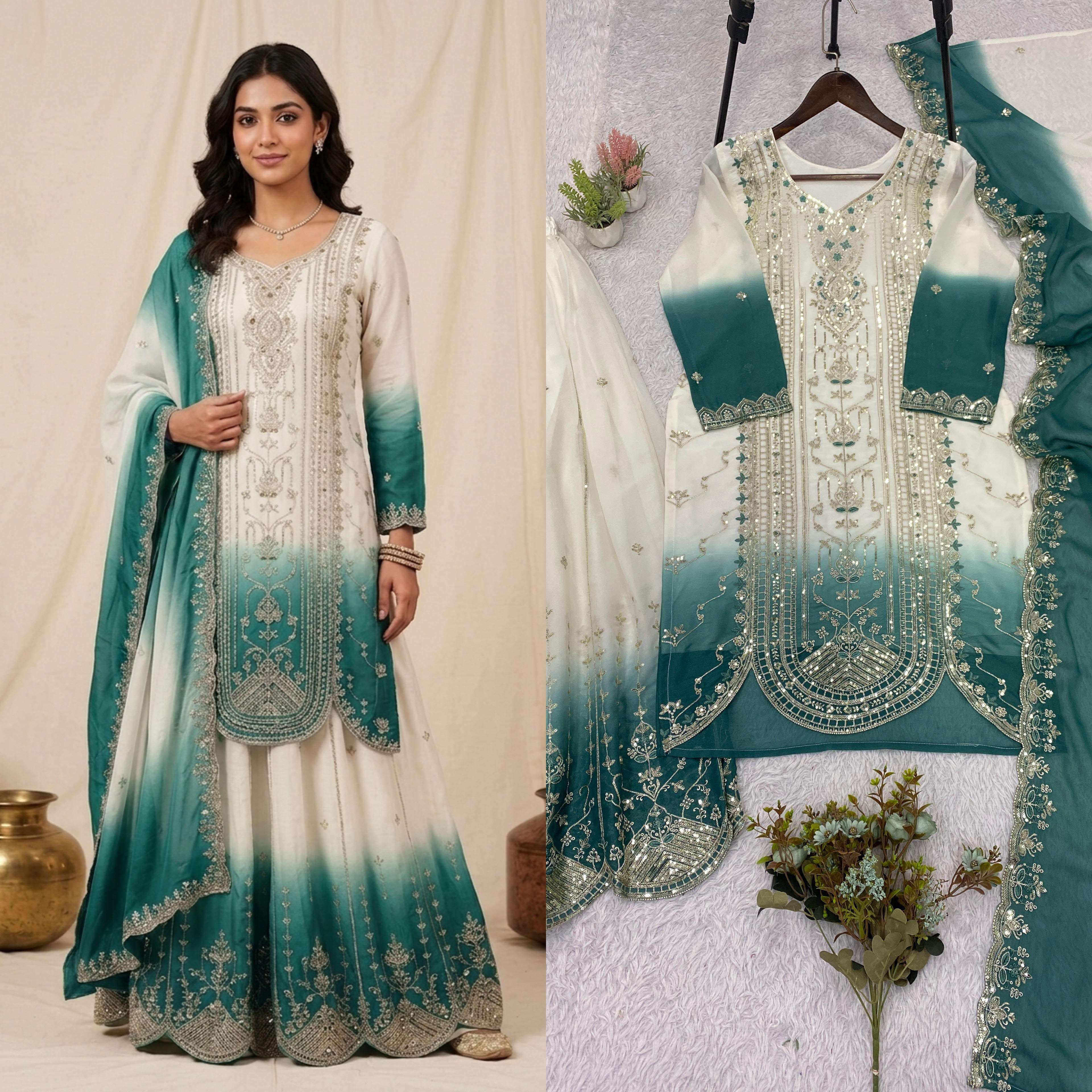 LG 2128 SHADED GEORGETTE FABRIC BEAUTIFUL EMBROIDERED TOP PLAZZO WITH DUPATTA  SET