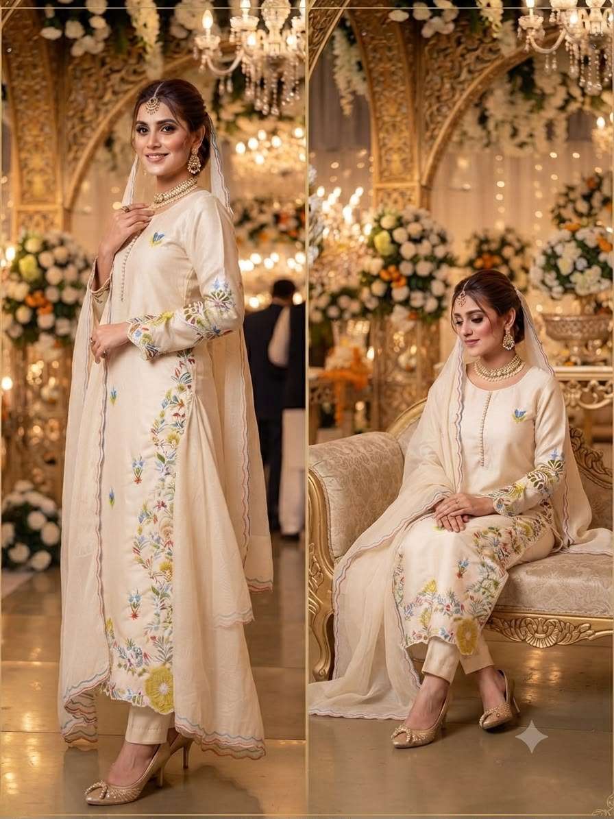 LG 2132 ROMAN SILK BEAUTIFUL PAKISTANI SUIT TOP WITH EMBROIDERED WORKED PANT AND DUPATTA