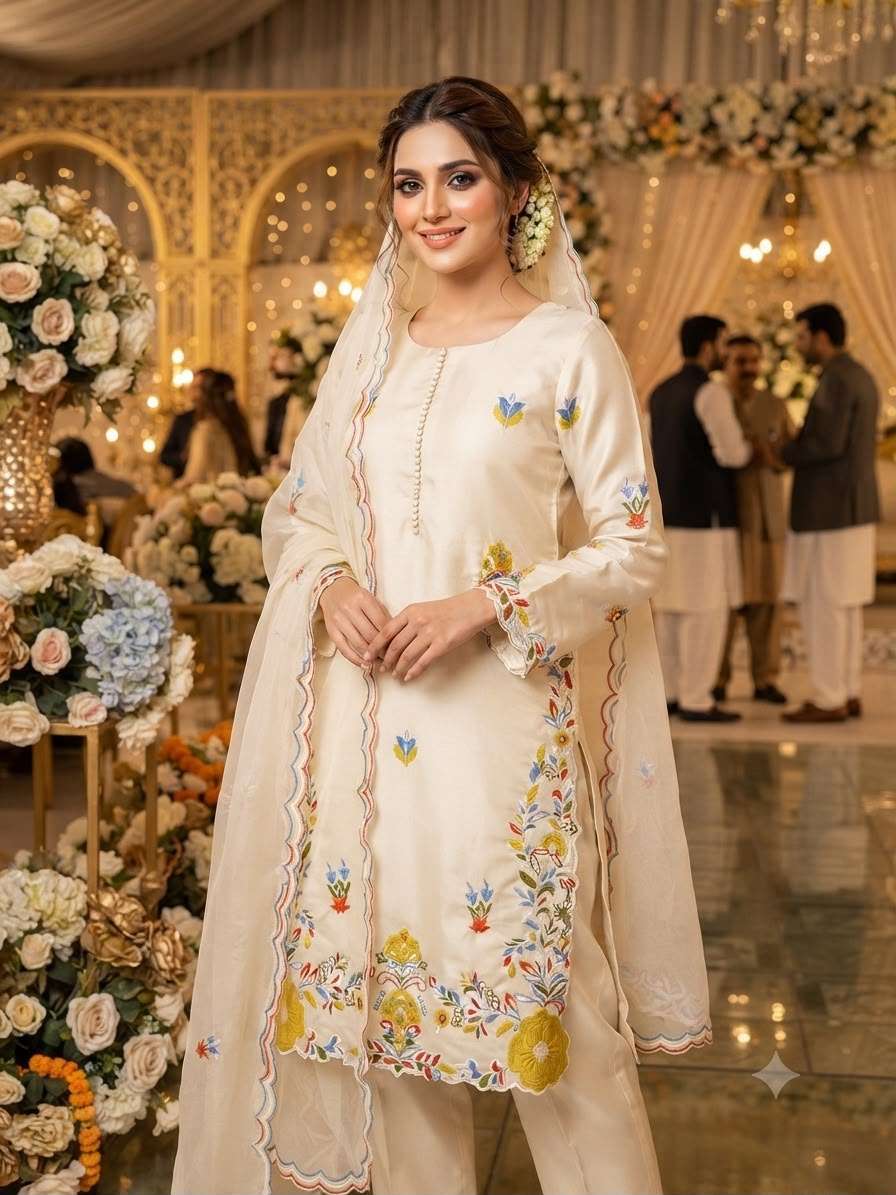 LG 2132 ROMAN SILK BEAUTIFUL PAKISTANI SUIT TOP WITH EMBROIDERED WORKED PANT AND DUPATTA