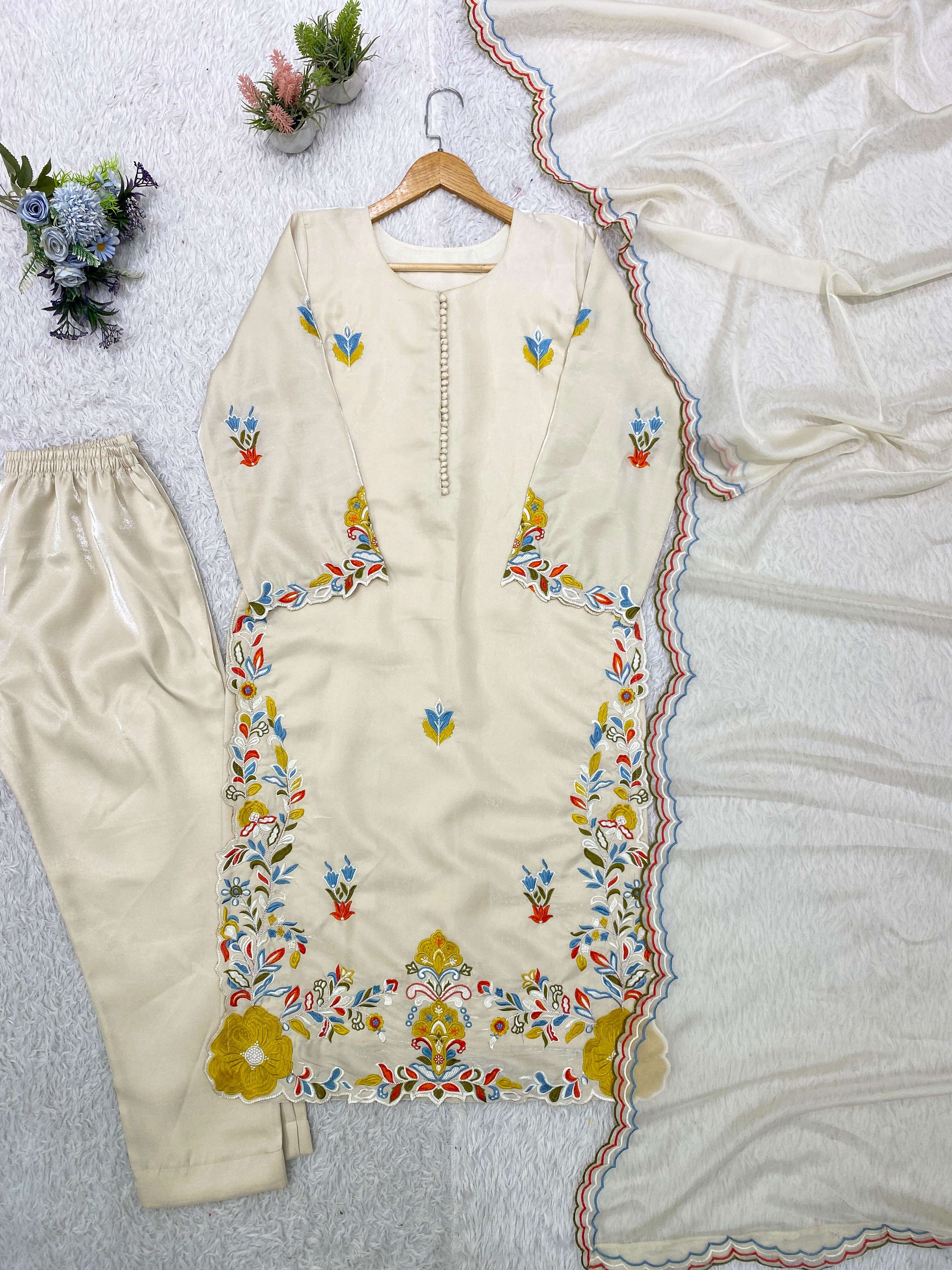 LG 2132 ROMAN SILK BEAUTIFUL PAKISTANI SUIT TOP WITH EMBROIDERED WORKED PANT AND DUPATTA