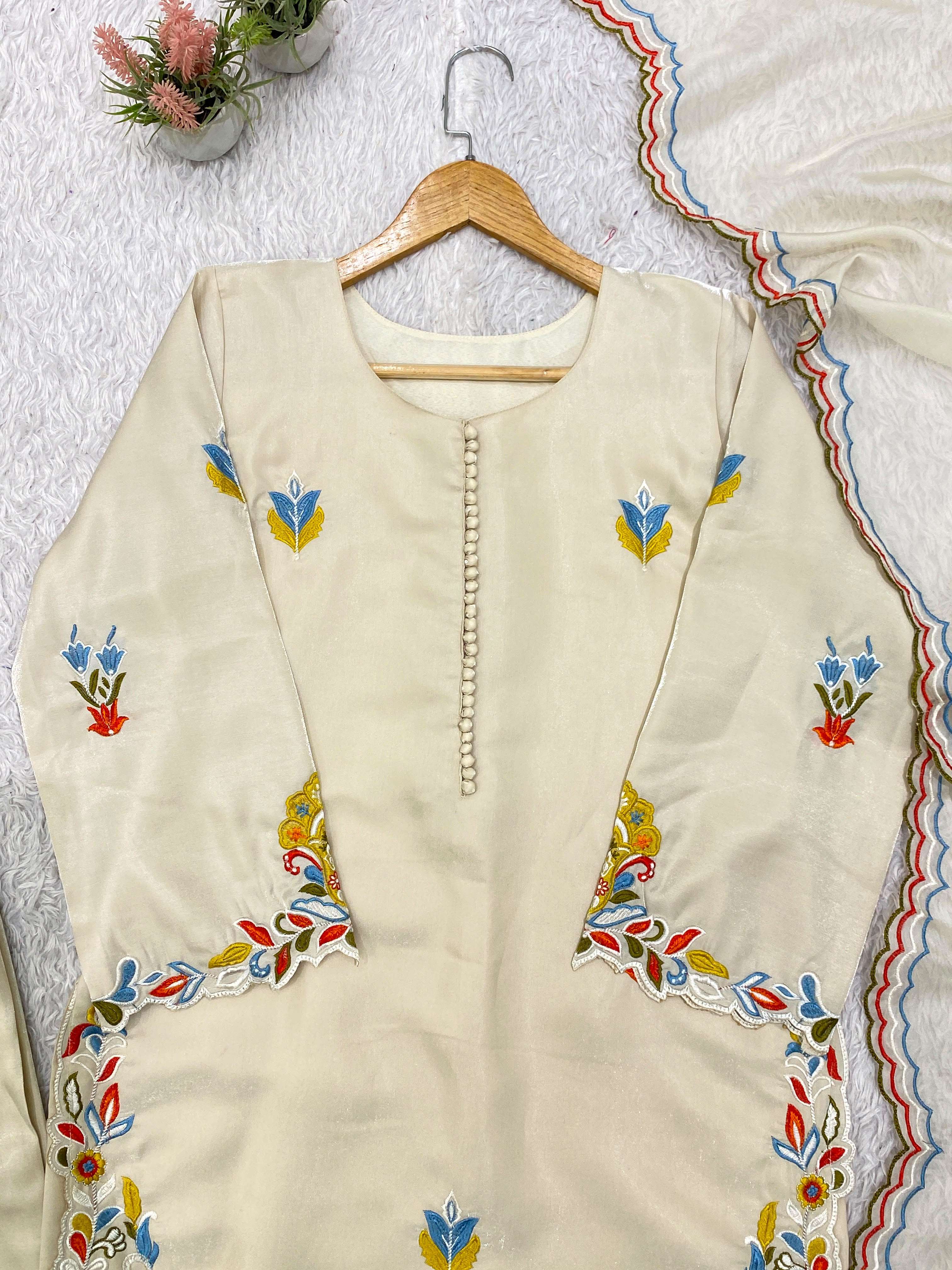 LG 2132 ROMAN SILK BEAUTIFUL PAKISTANI SUIT TOP WITH EMBROIDERED WORKED PANT AND DUPATTA