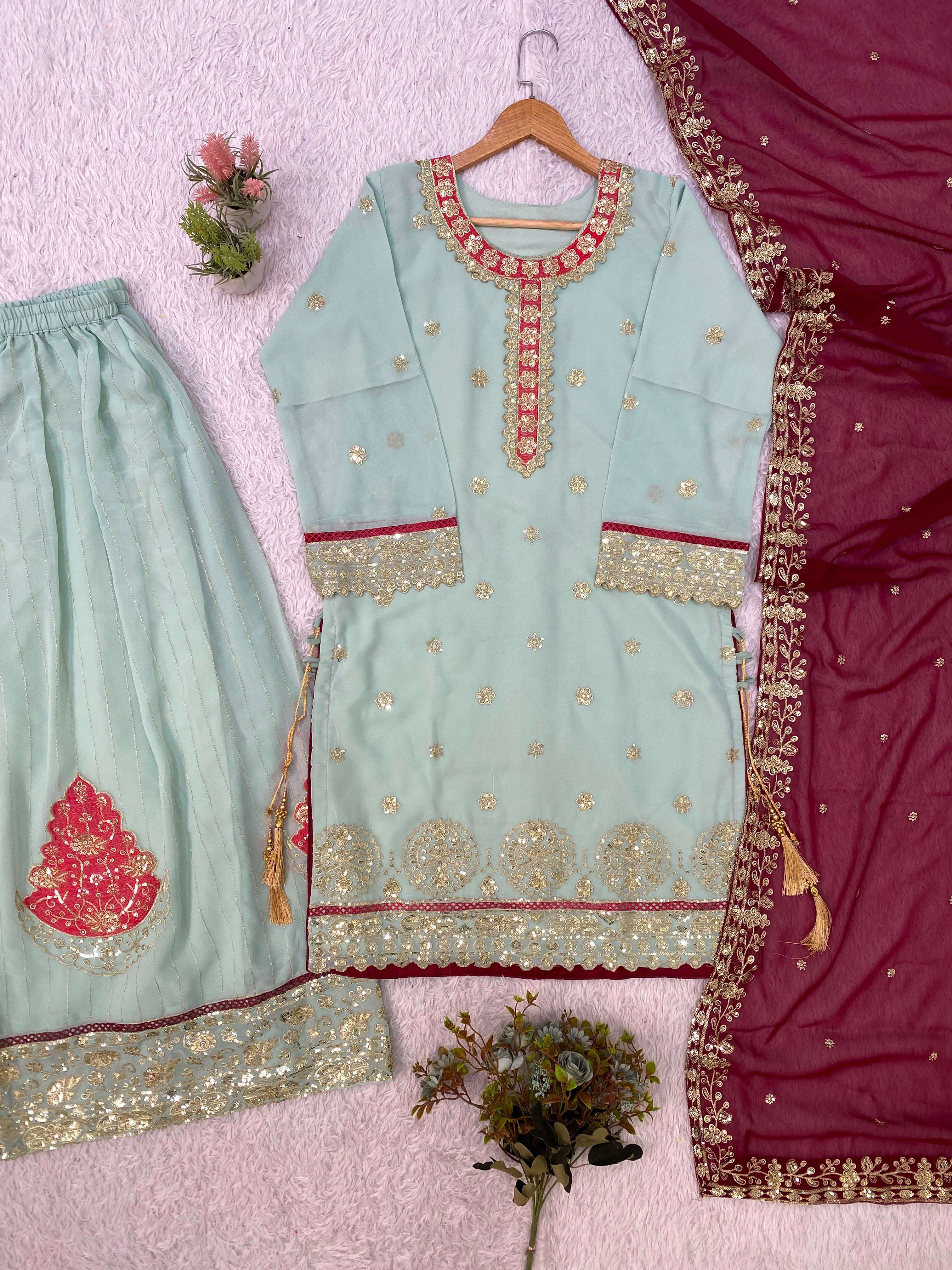 LG 2133 GEORGETTE HEAVY EMBROIDERED DESIGNER TOP PLAZZO AND DUPATTA SET