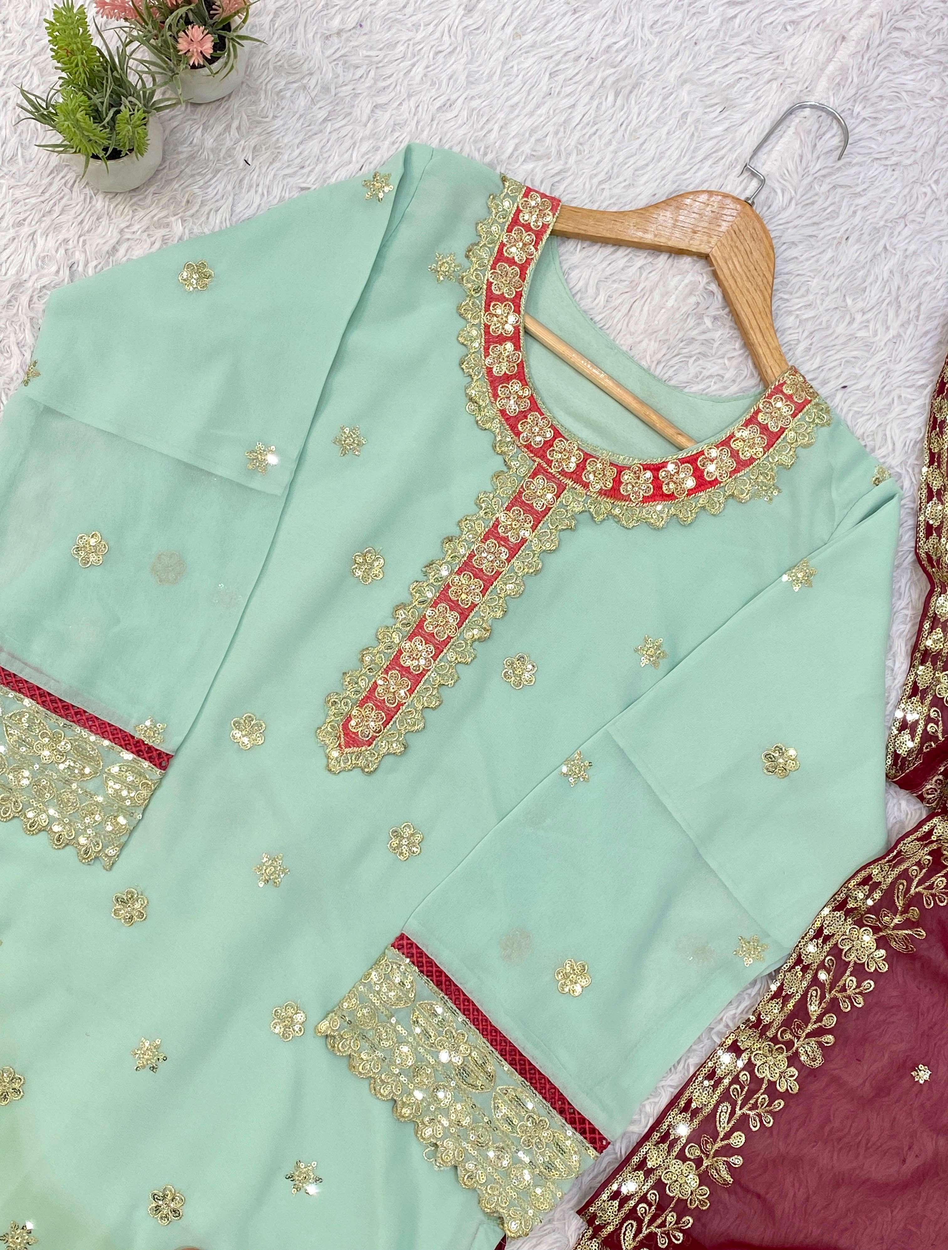 LG 2133 GEORGETTE HEAVY EMBROIDERED DESIGNER TOP PLAZZO AND DUPATTA SET