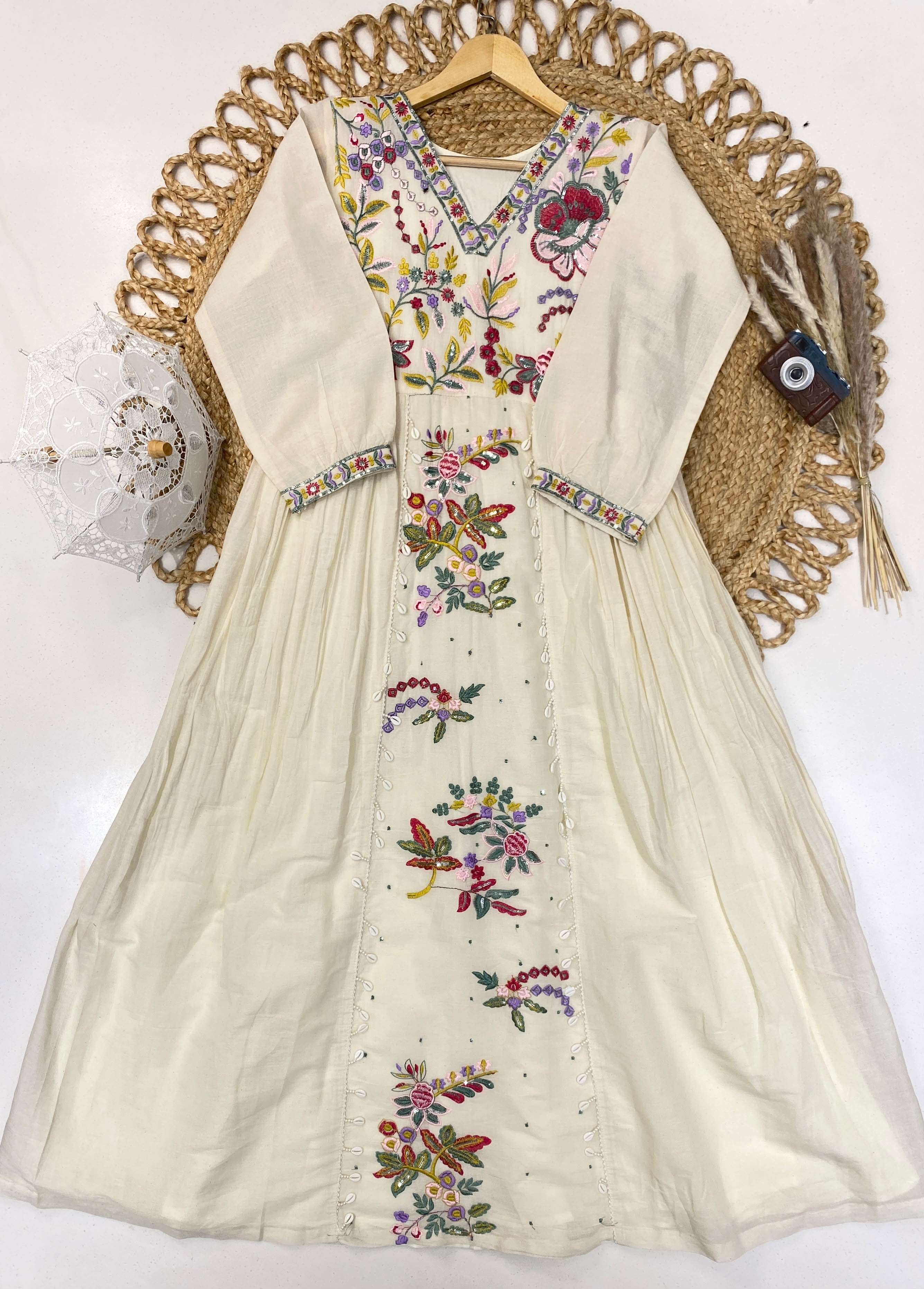 LG 2142 COTTON EMBROIDERY WORKS PREETY LOOK FESTIVE WEAR MAXI GOWN 