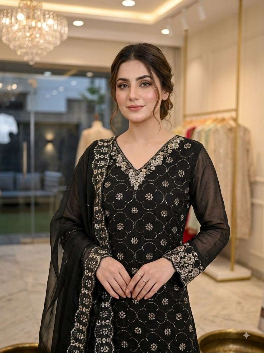 LM 23 SILK SEQUENCE EMBROIDERY DESIGNER WORK TOP PLAZZO AND DUPATTA SET 