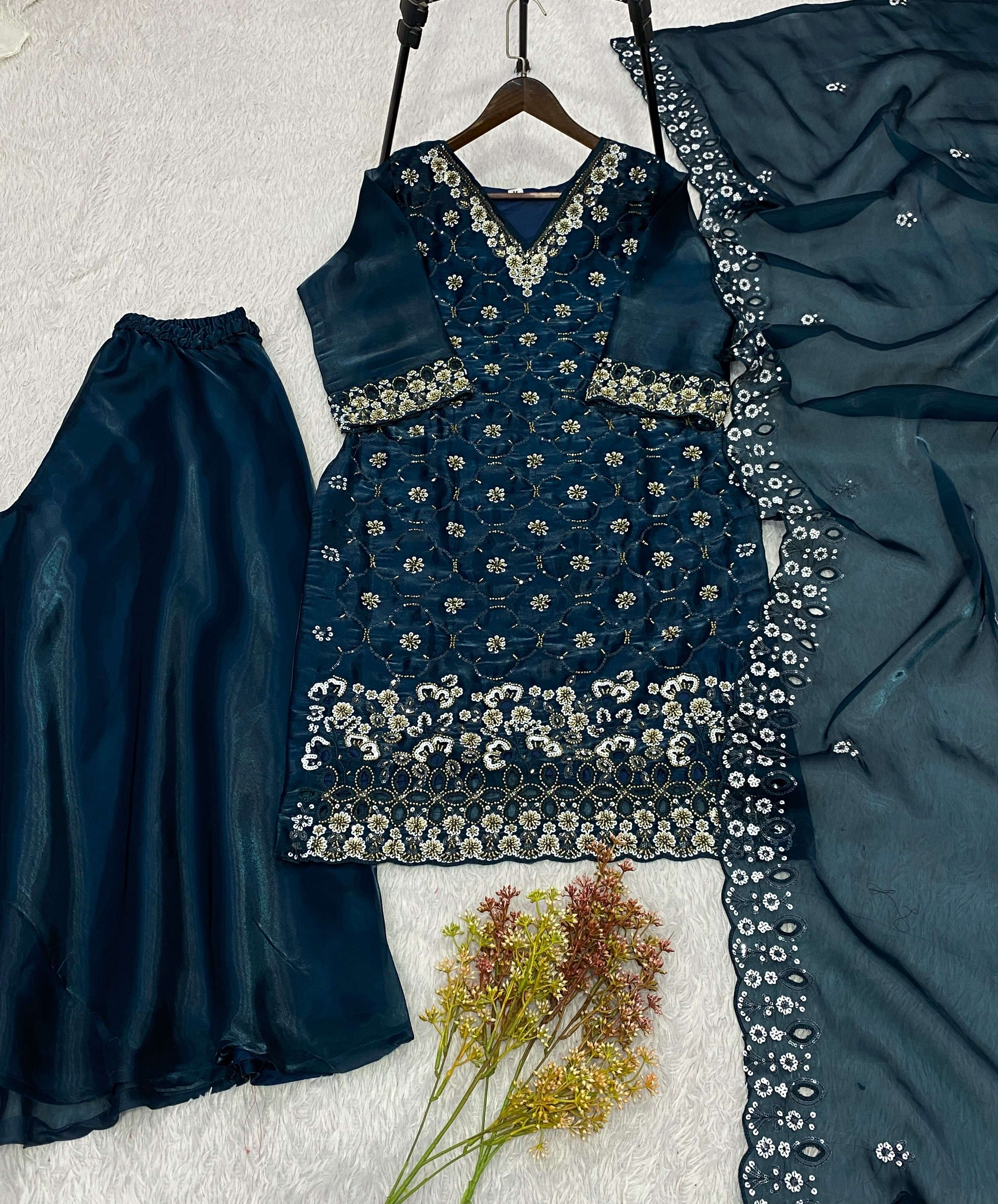 LM 23 SILK SEQUENCE EMBROIDERY DESIGNER WORK TOP PLAZZO AND DUPATTA SET 