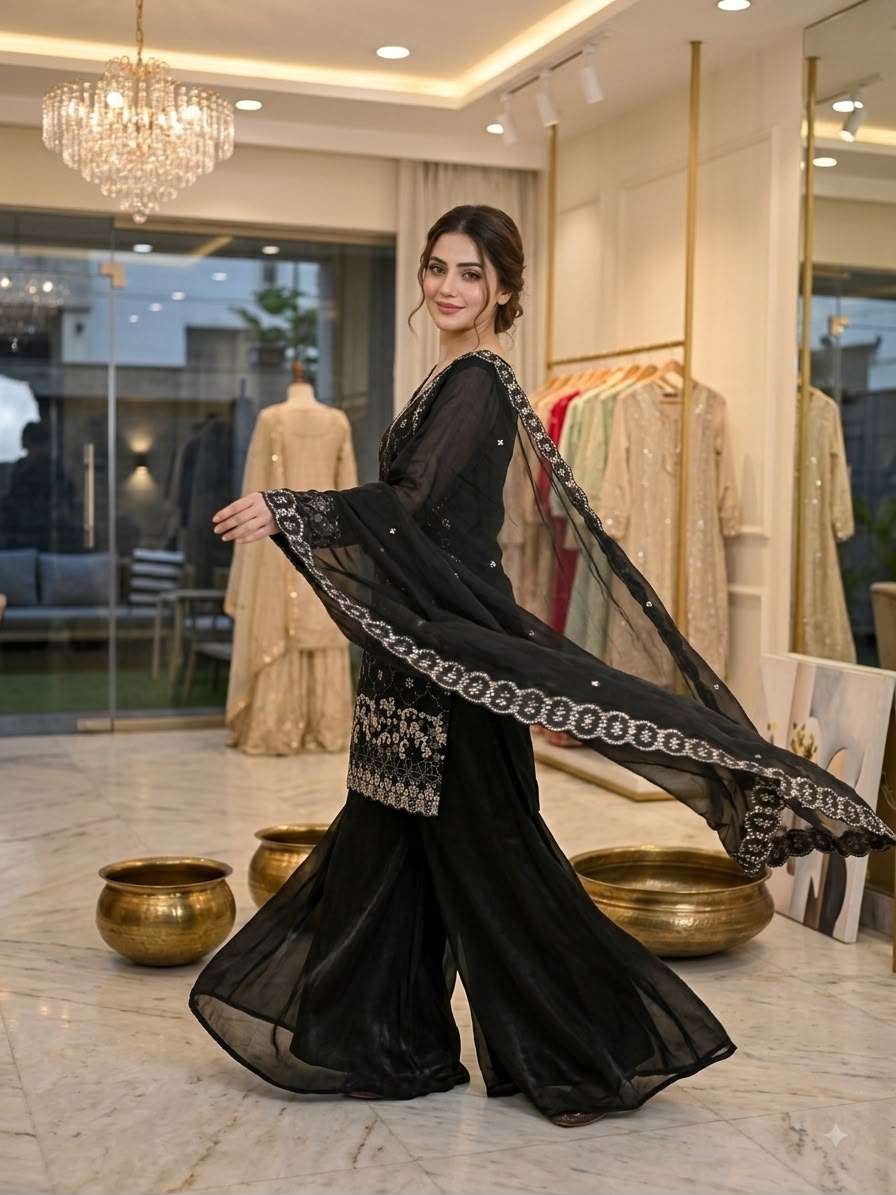 LM 23 SILK SEQUENCE EMBROIDERY DESIGNER WORK TOP PLAZZO AND DUPATTA SET 