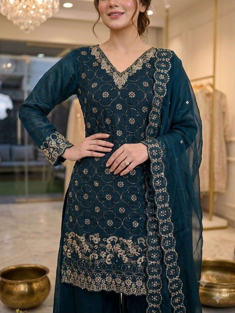 LM 23 SILK SEQUENCE EMBROIDERY DESIGNER WORK TOP PLAZZO AND DUPATTA SET 