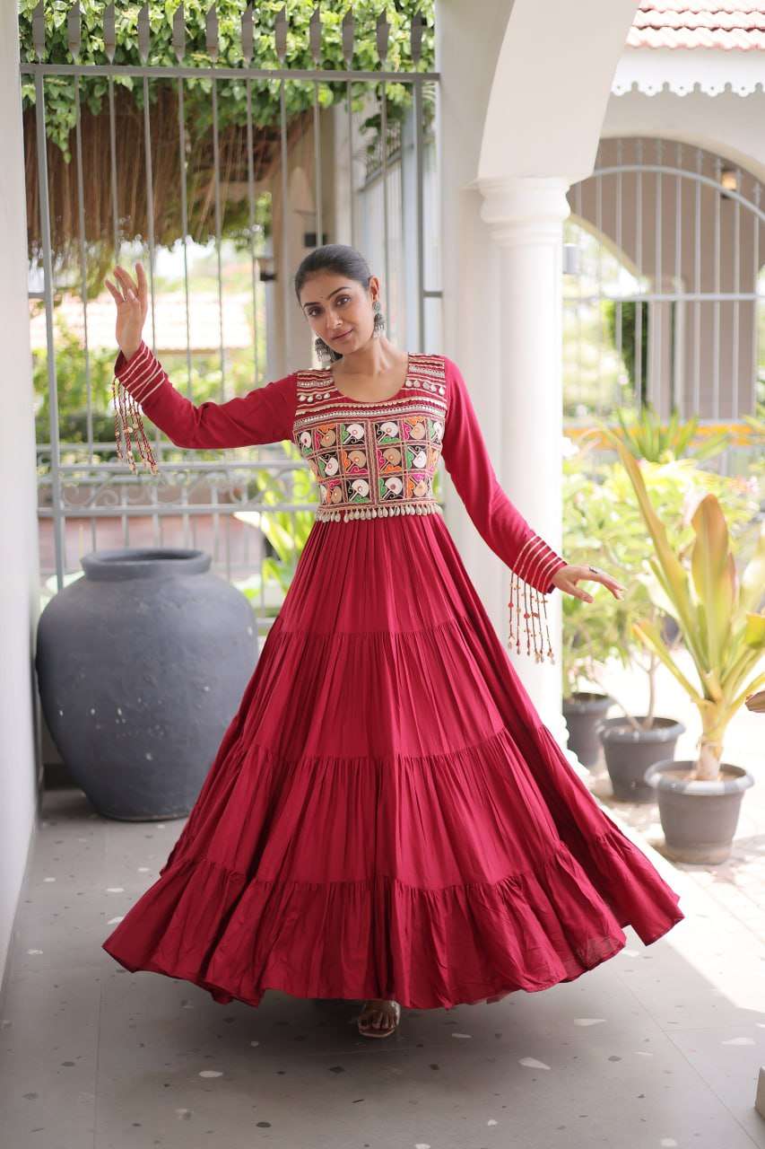 LW 9344 RAYON GAMTHI THREAD WORK NAVRATRI WEAR GOWNS 
