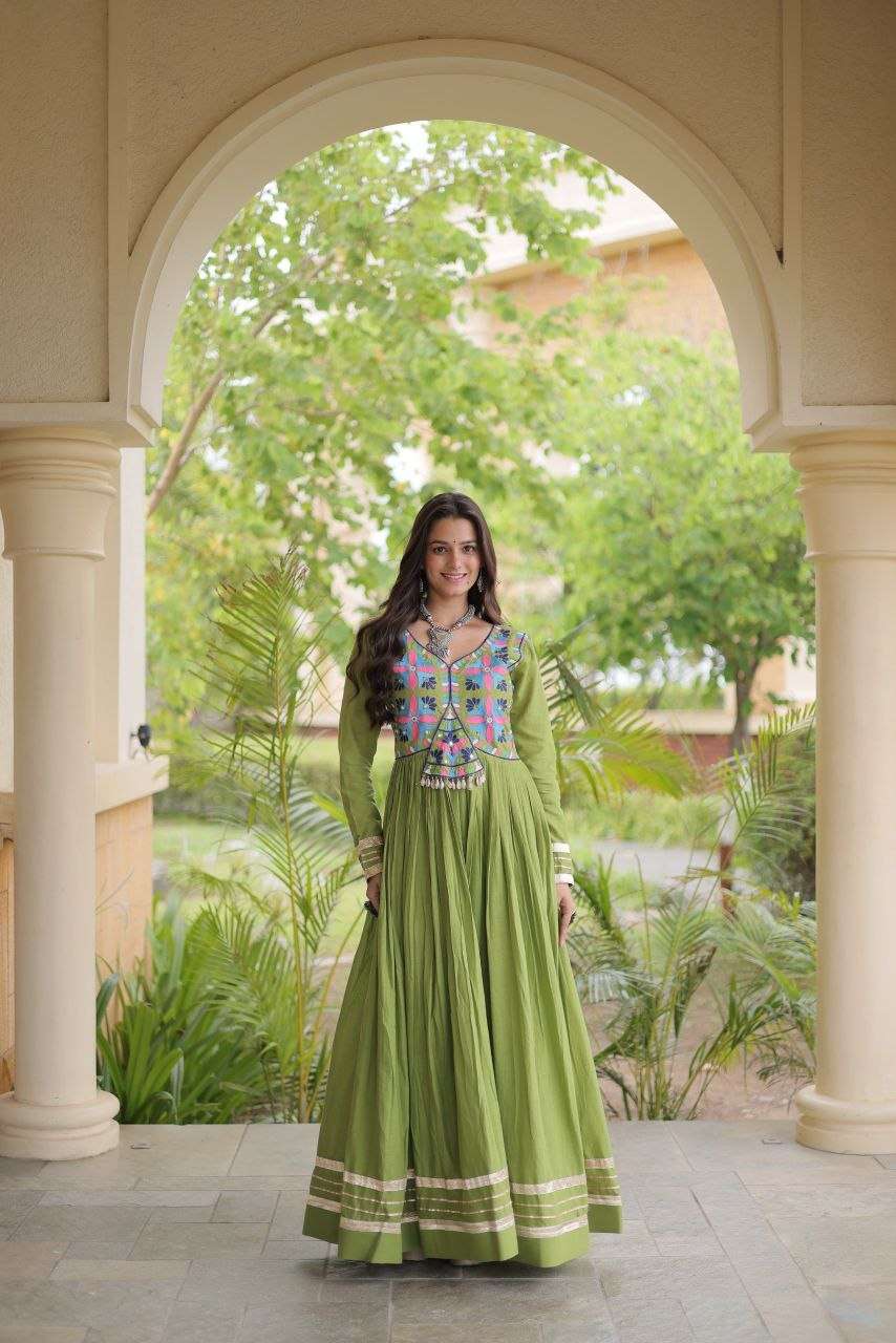 LW 9347 COTTON MULTI THREAD EMBROIDERED WORK NAVRATRI WEAR LONG GOWN DRESS 