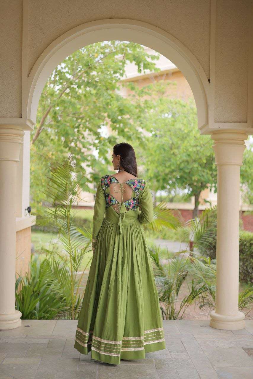 LW 9347 COTTON MULTI THREAD EMBROIDERED WORK NAVRATRI WEAR LONG GOWN DRESS 