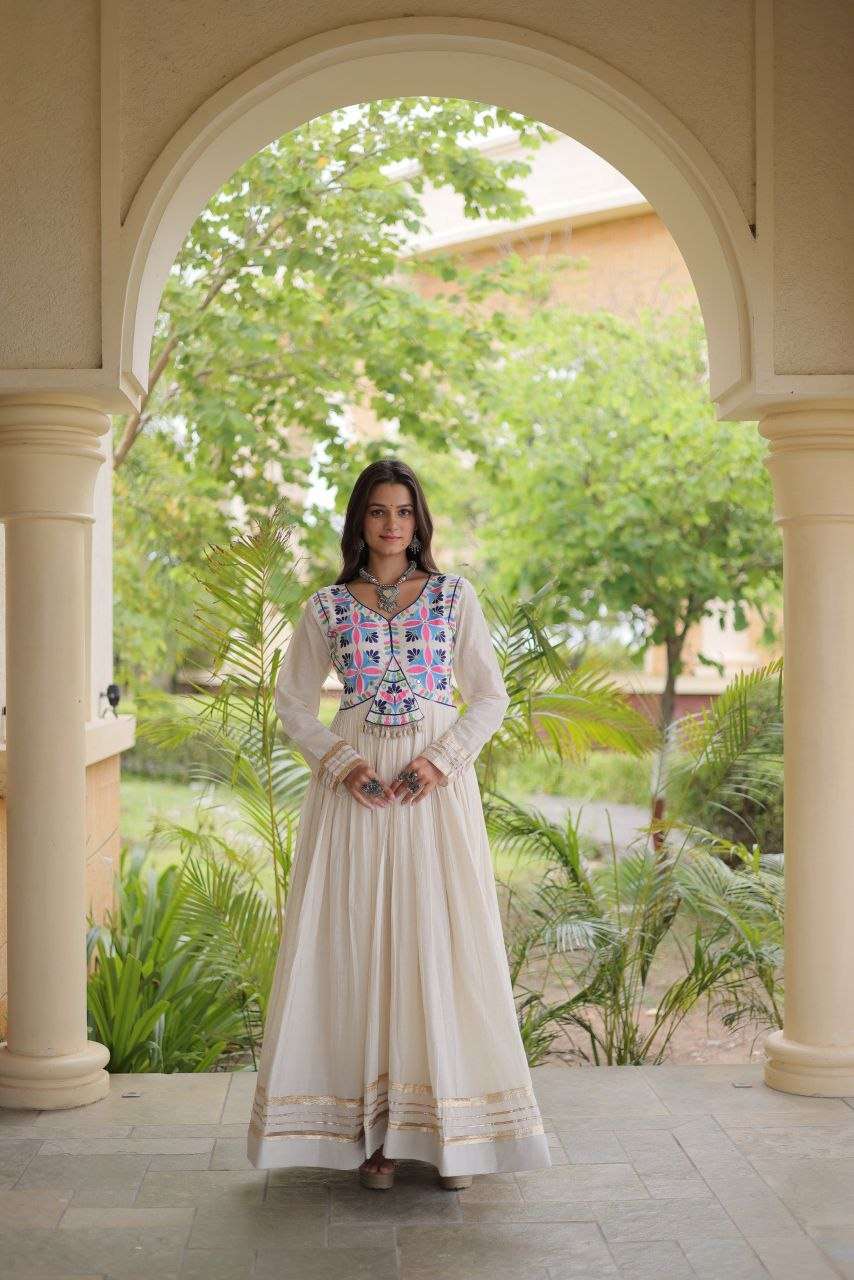 LW 9347 COTTON MULTI THREAD EMBROIDERED WORK NAVRATRI WEAR LONG GOWN DRESS 